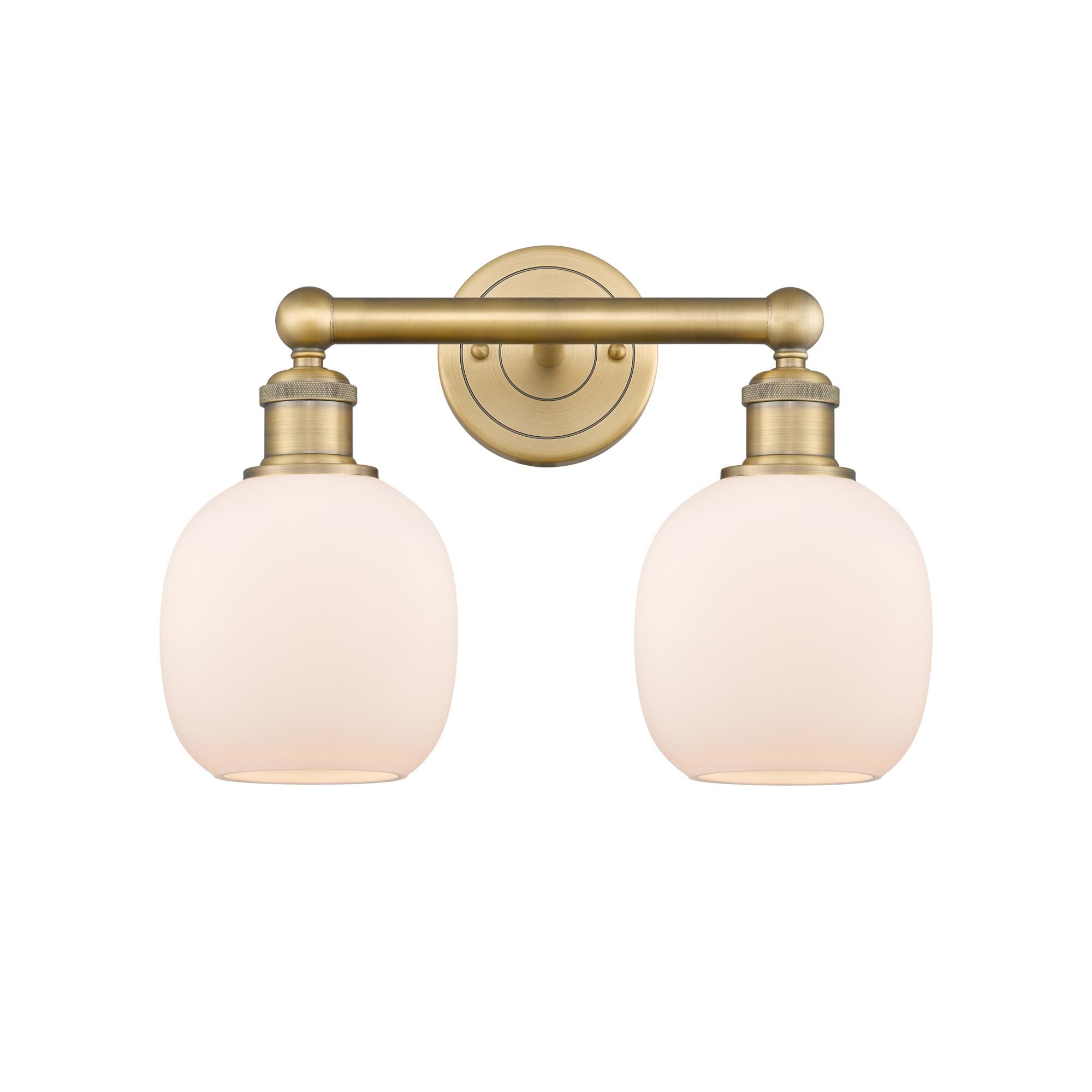 Shown in Brushed Brass finish and Matte White glass