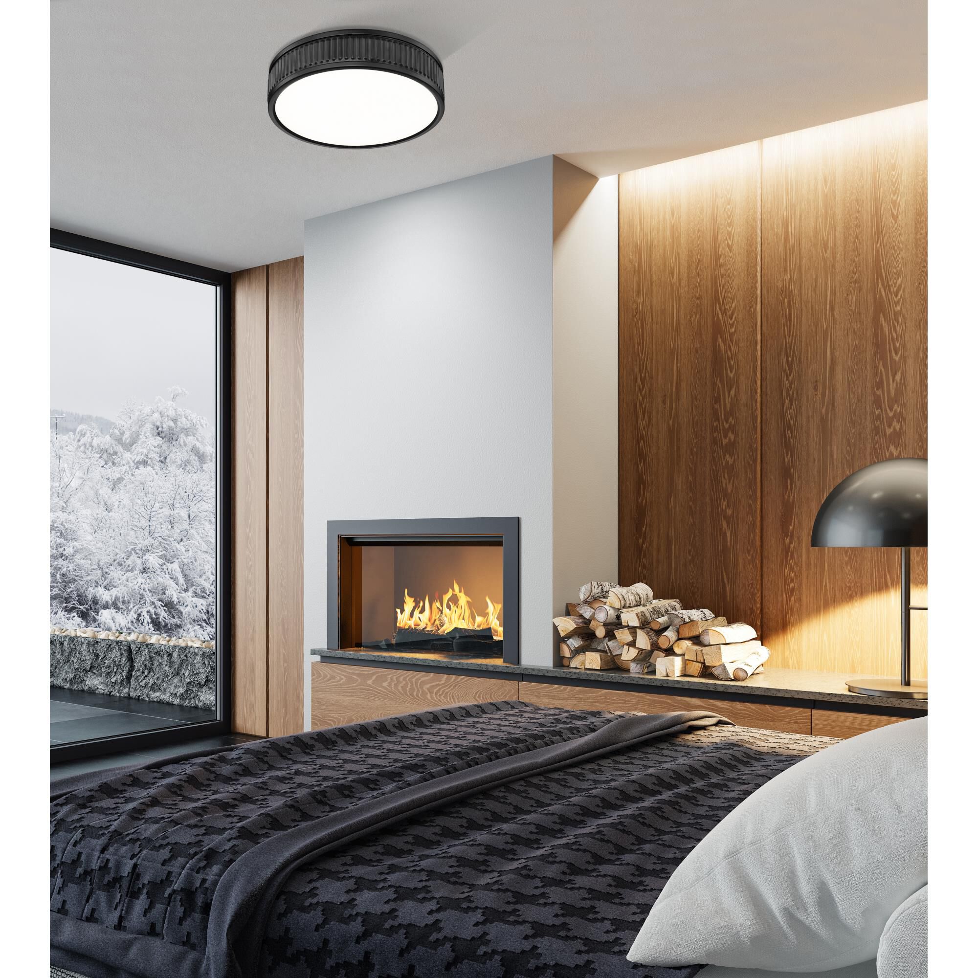 Shown in Matte Black finish and Frosted glass and Frosted shade