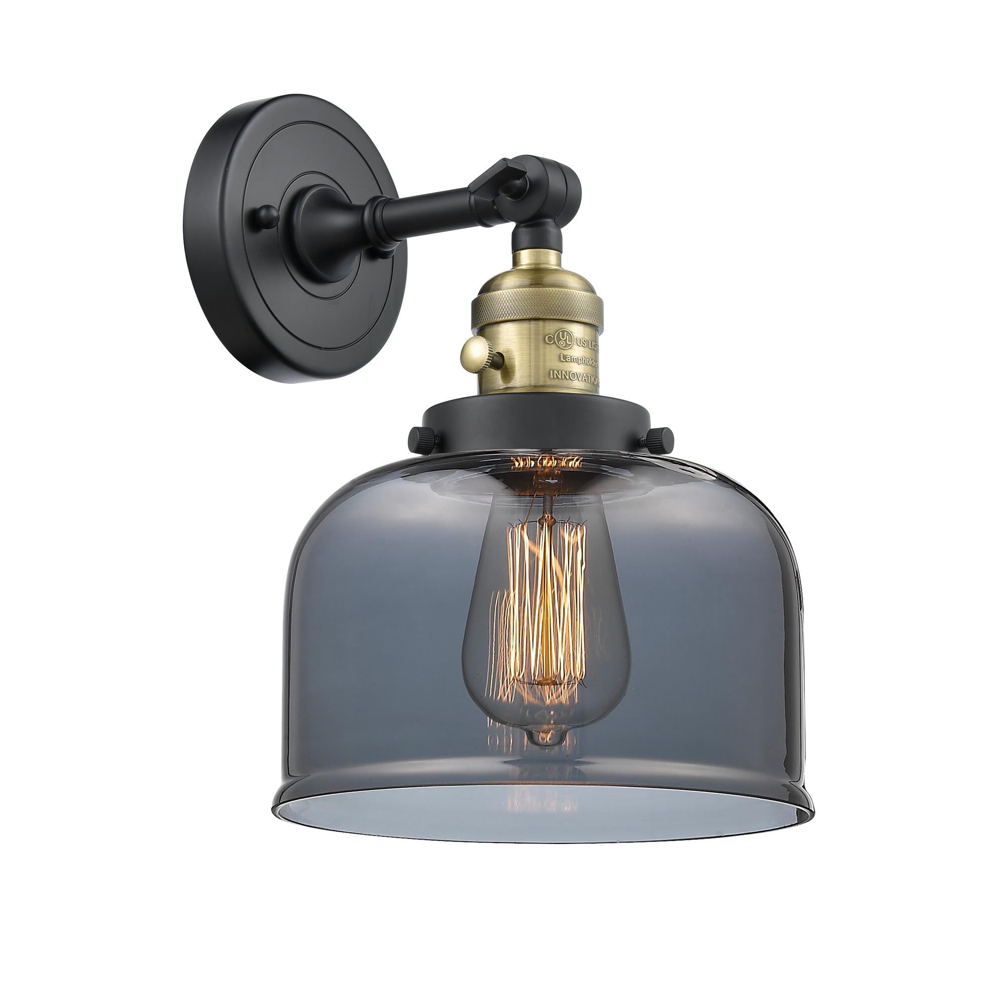 Shown in Black Antique Brass finish and Plated Smoked Large Bell glass and Switch on Socket accent