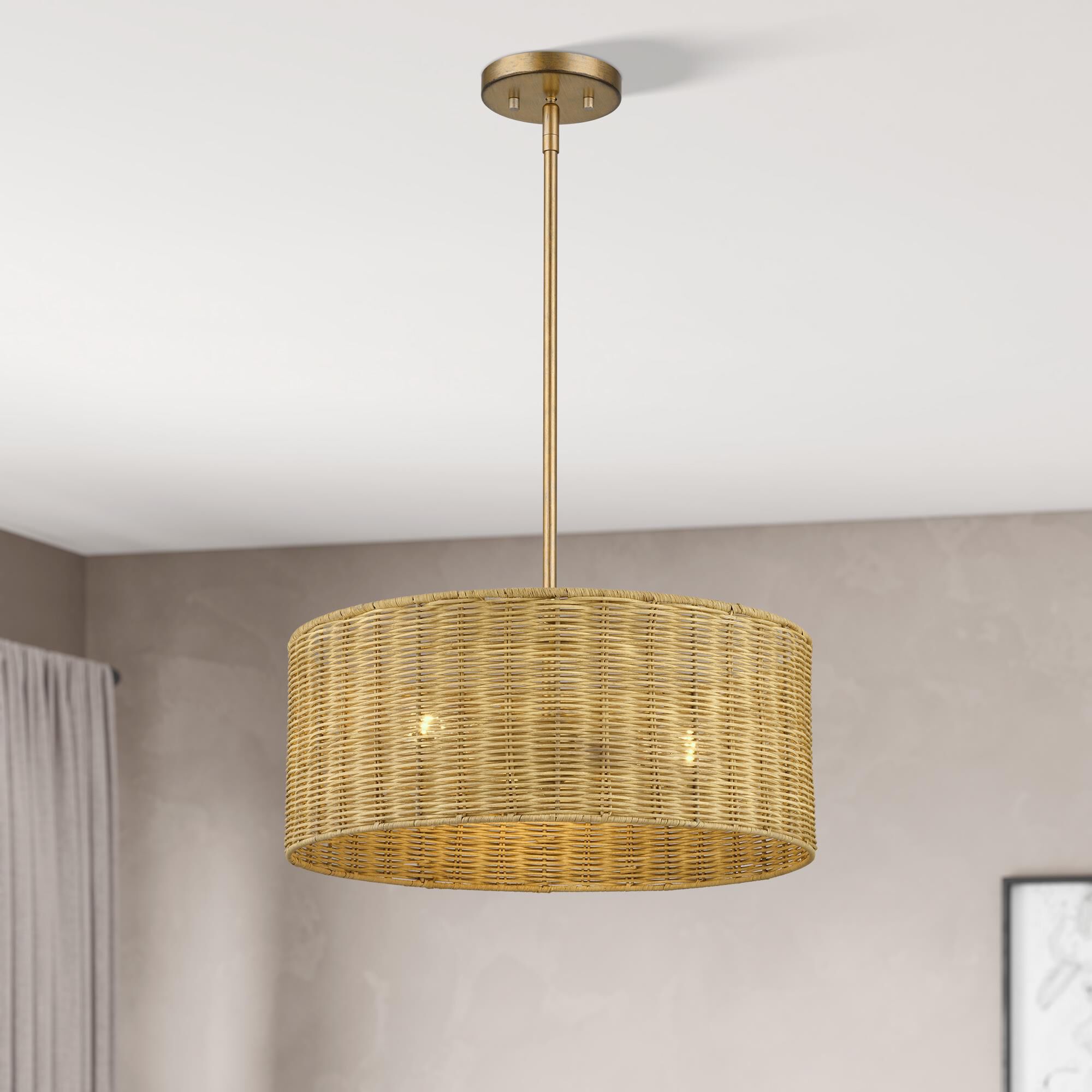 Shown in Antique Gold Leaf finish and Hand-Woven Rustic Walnut Color Rattan shade