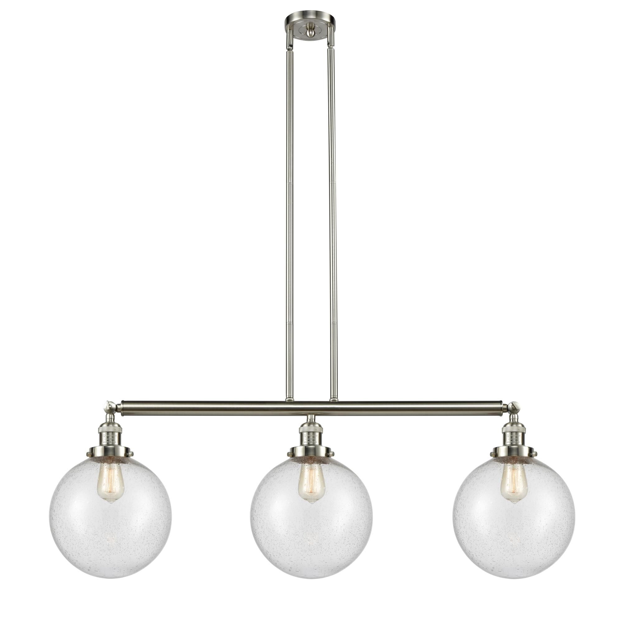 Shown in Brushed Satin Nickel finish and Seedy Beacon glass