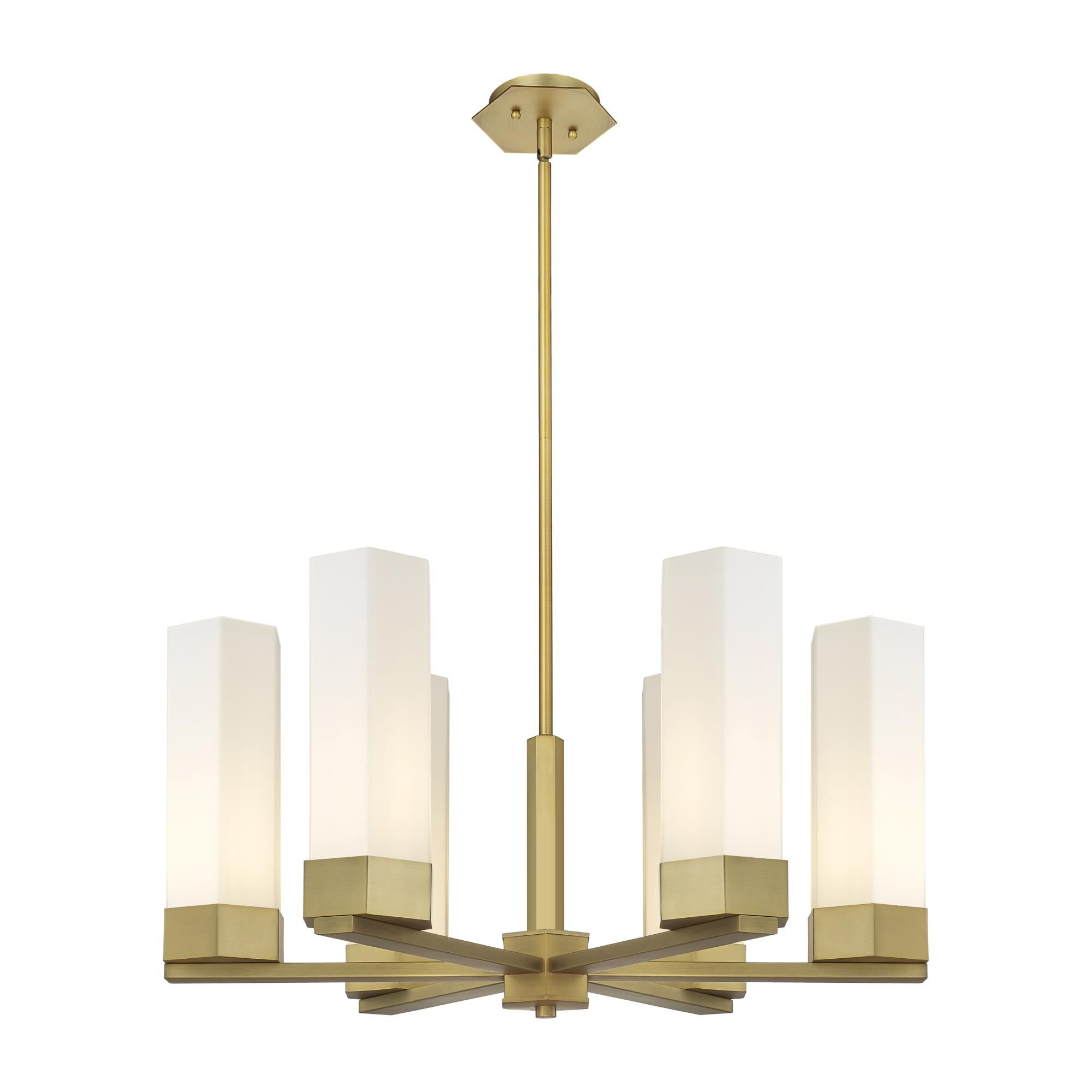 Shown in Brushed Brass finish and Matte White glass