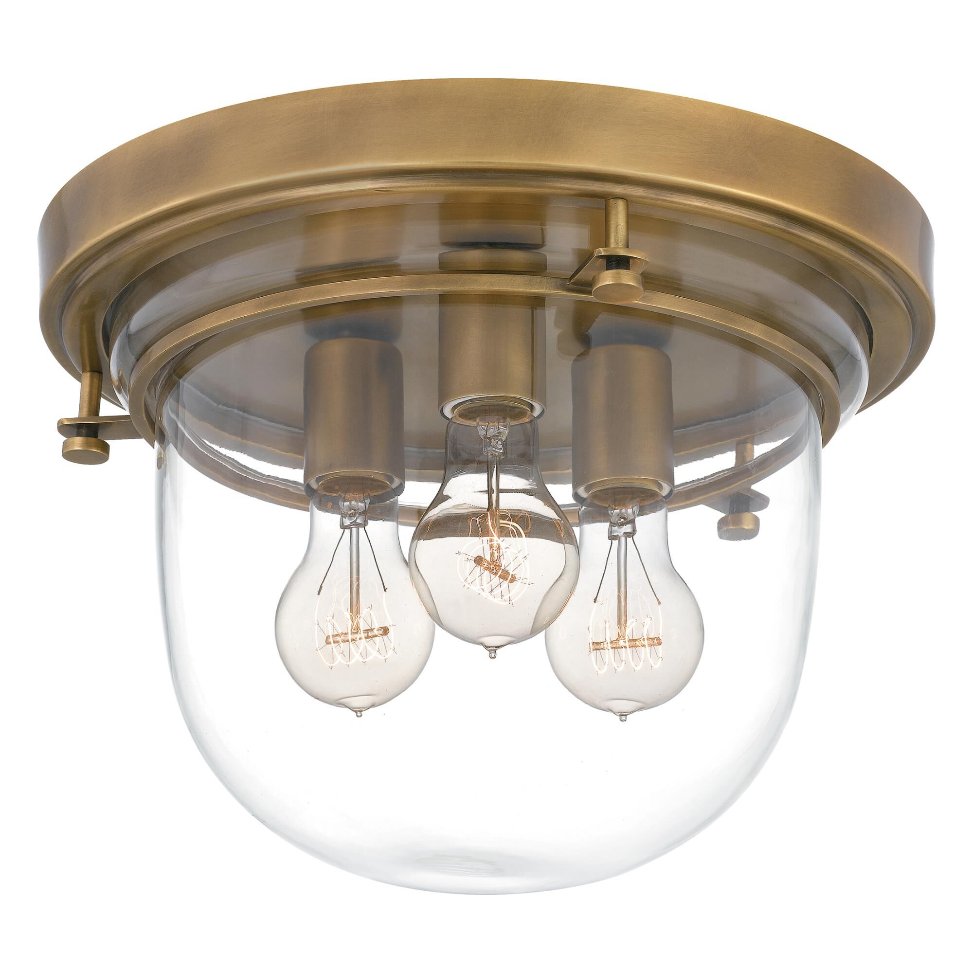 Shown in Weathered Brass finish and Clear Glass shade
