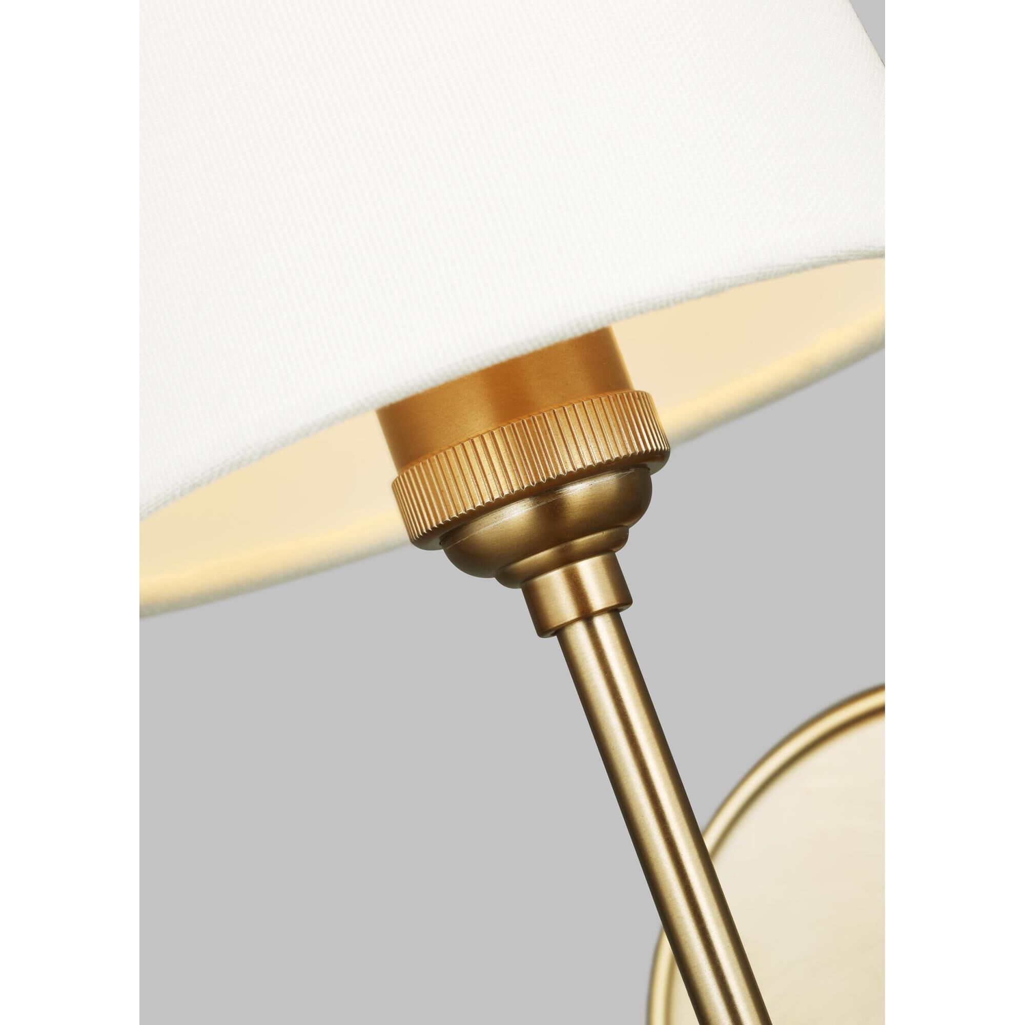 Shown in Satin Brass finish and Bronze Fabric shade