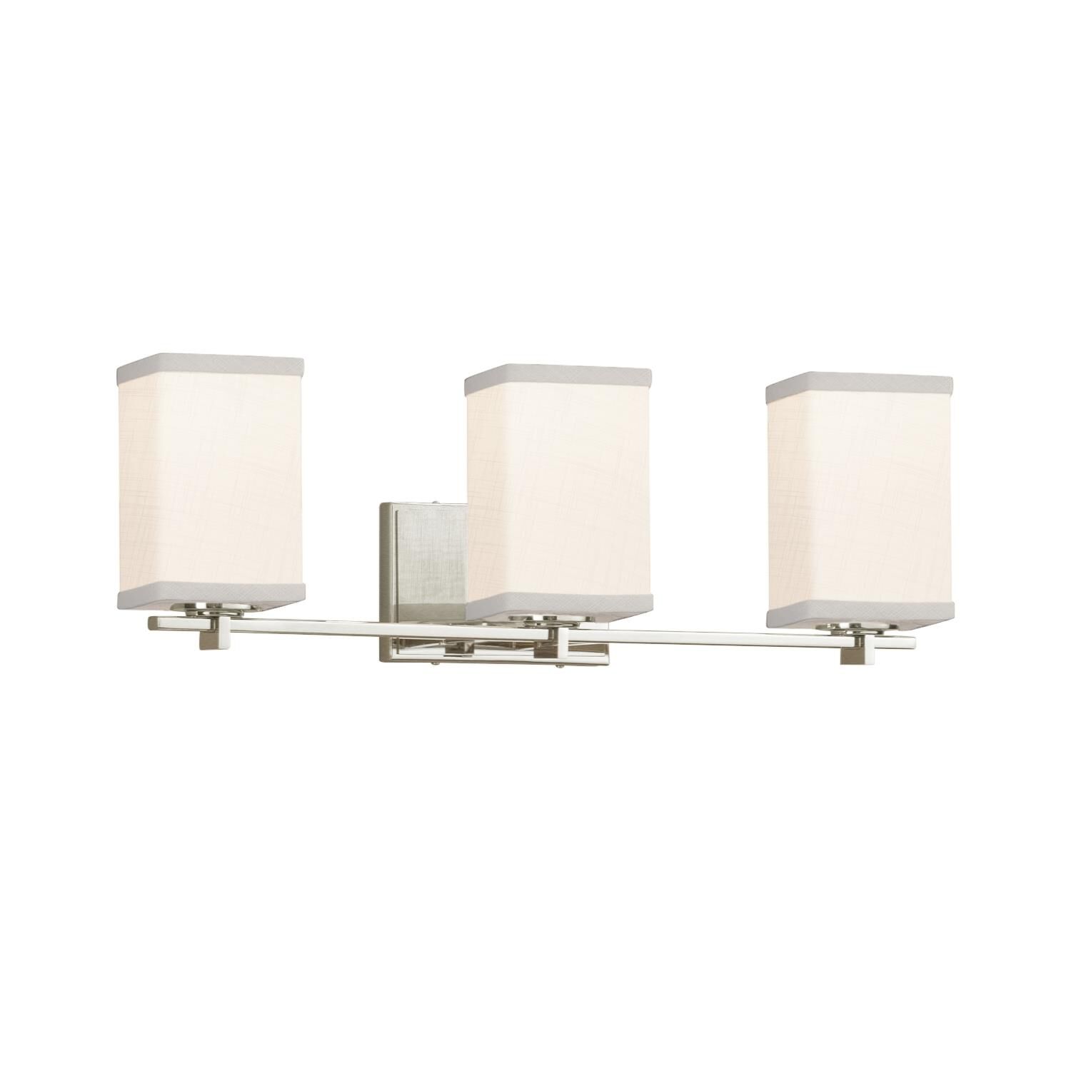 Shown in Brushed Nickel finish and White Woven Fabric shade and Square with Flat Rim accent