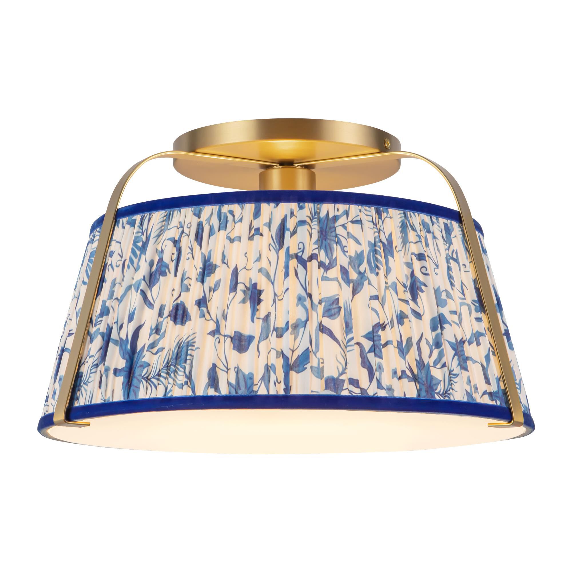Shown in Brushed Gold finish and Frosted Polycarbonate Diffuser glass and Blue Linen shade