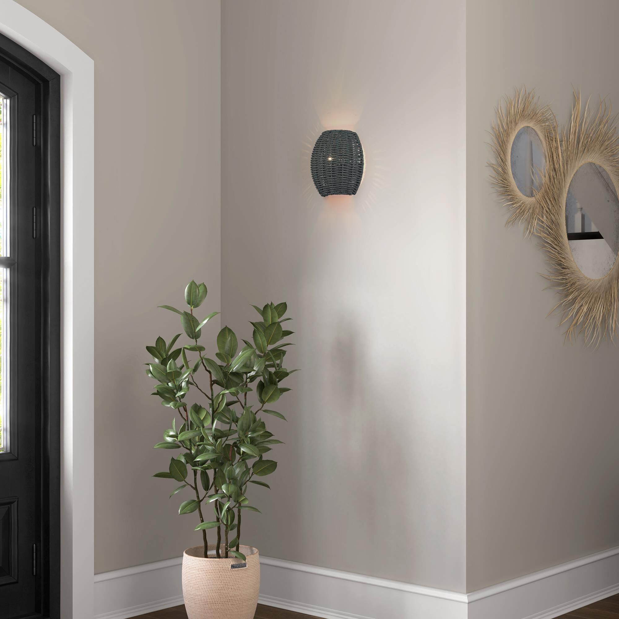 Shown in Black finish and Hand-Woven Midnight Black Color Paper Rope shade