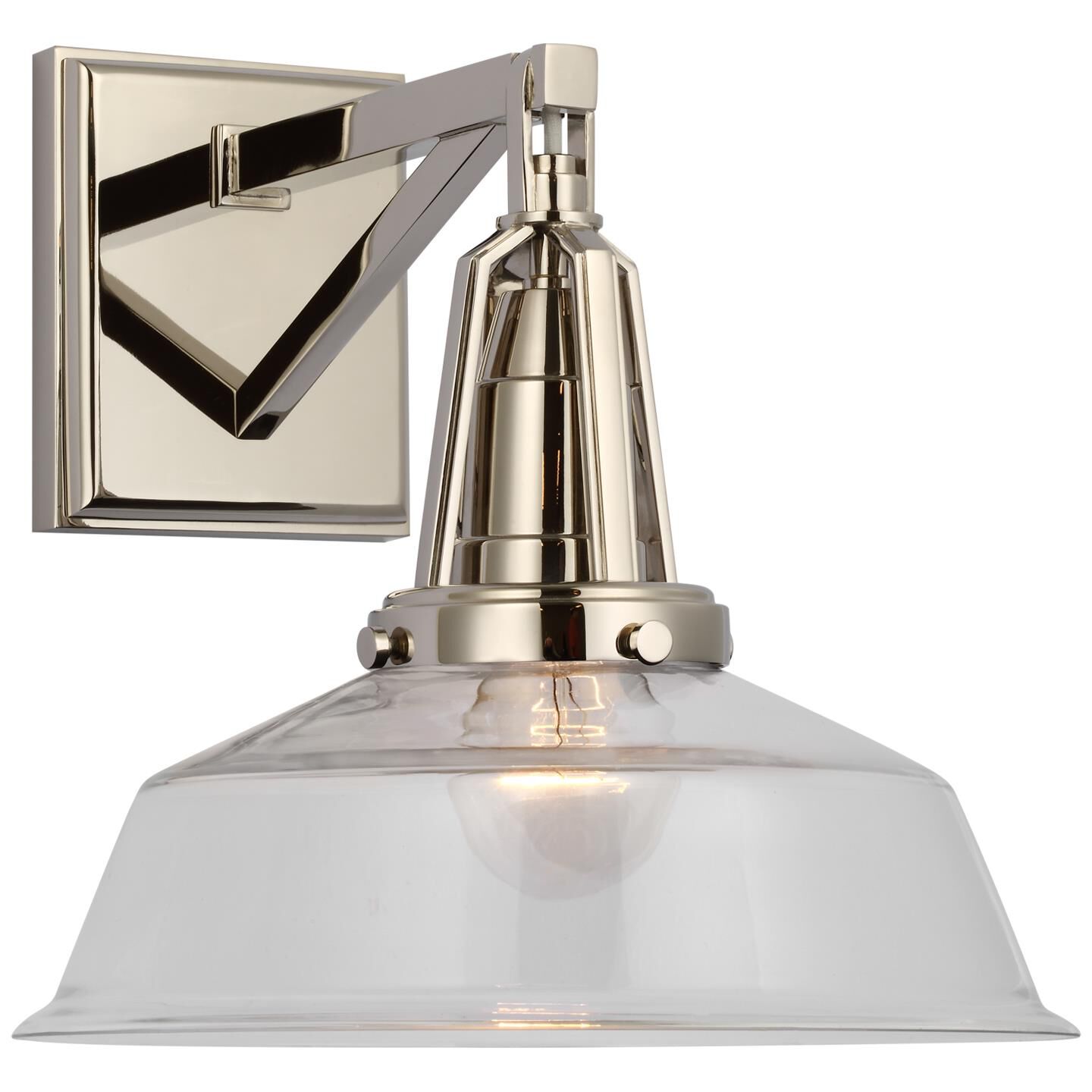 Shown in Polished Nickel finish and Clear Glass shade