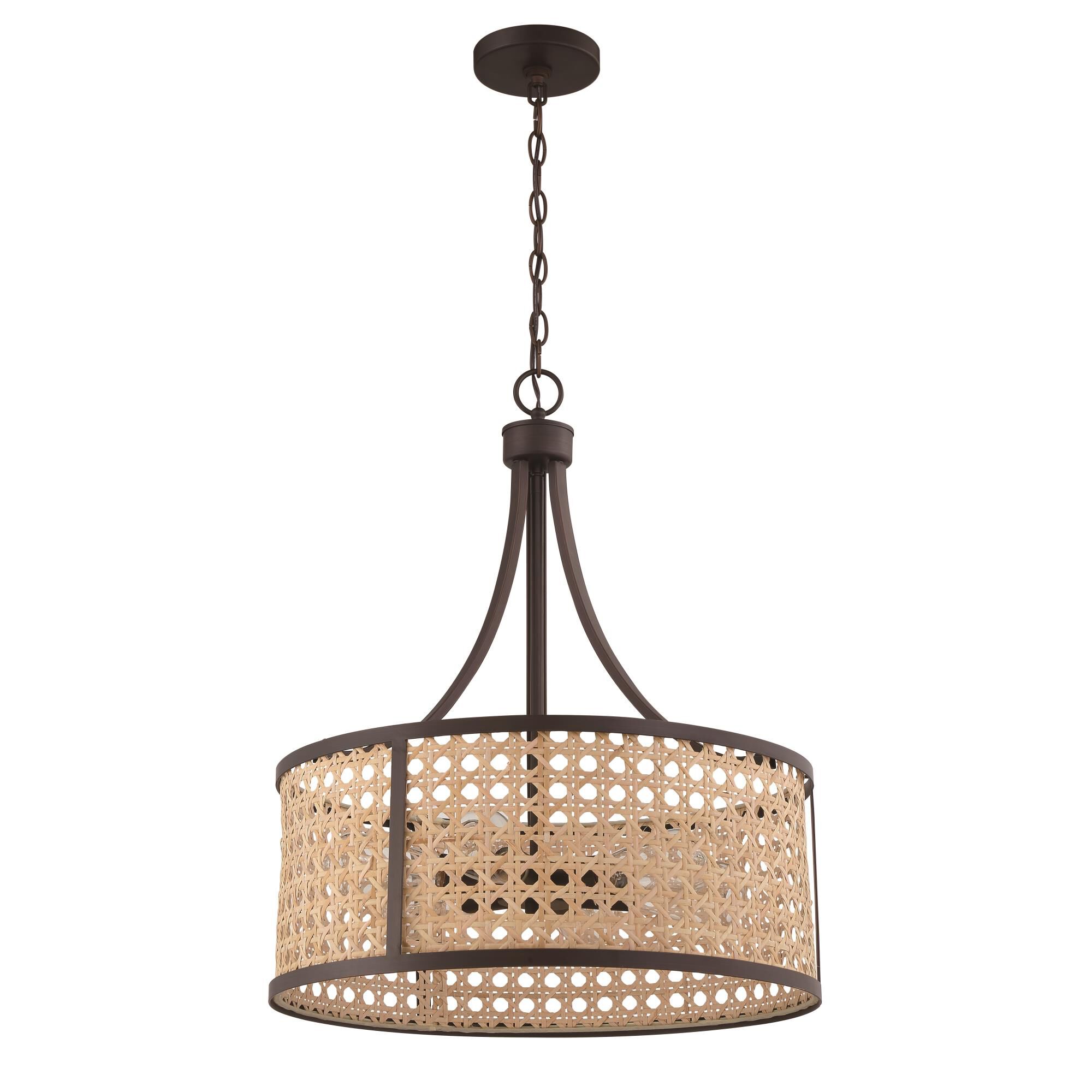 Shown in Aged Bronze Brushed finish and Natural glass and Rattan shade