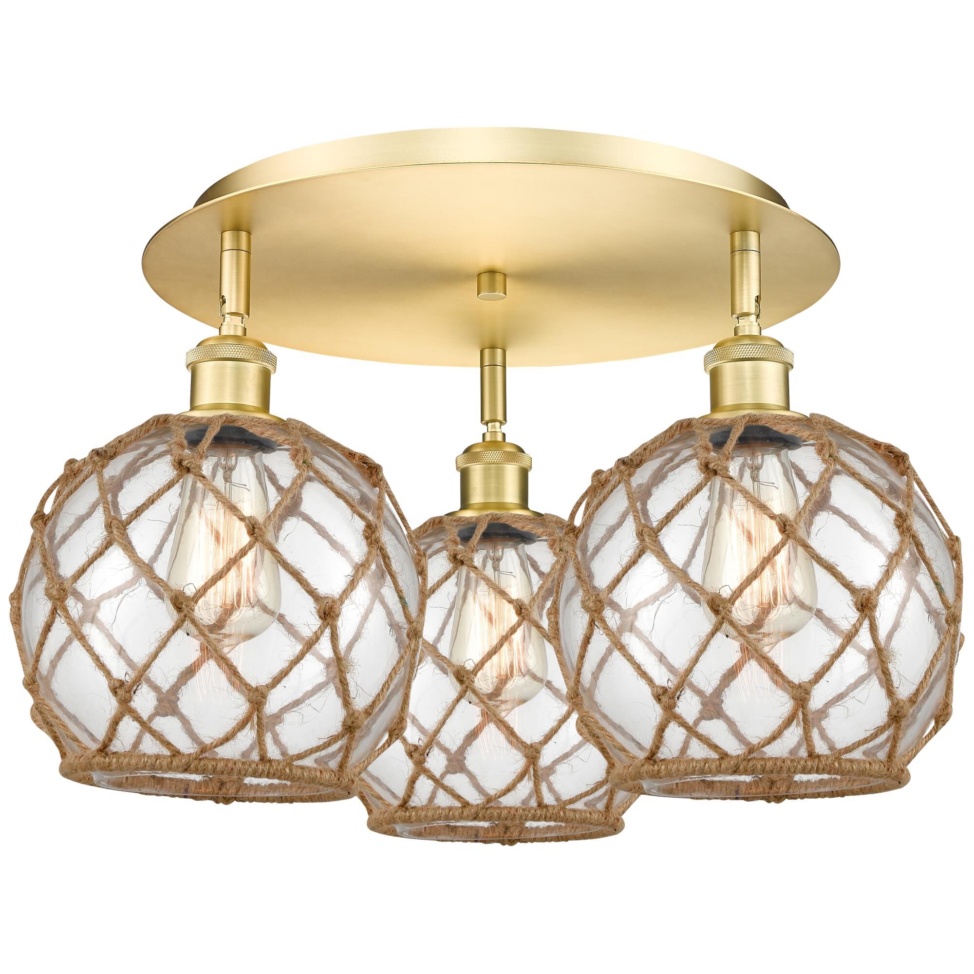 Shown in Satin Gold finish and Clear with Brown Rope glass