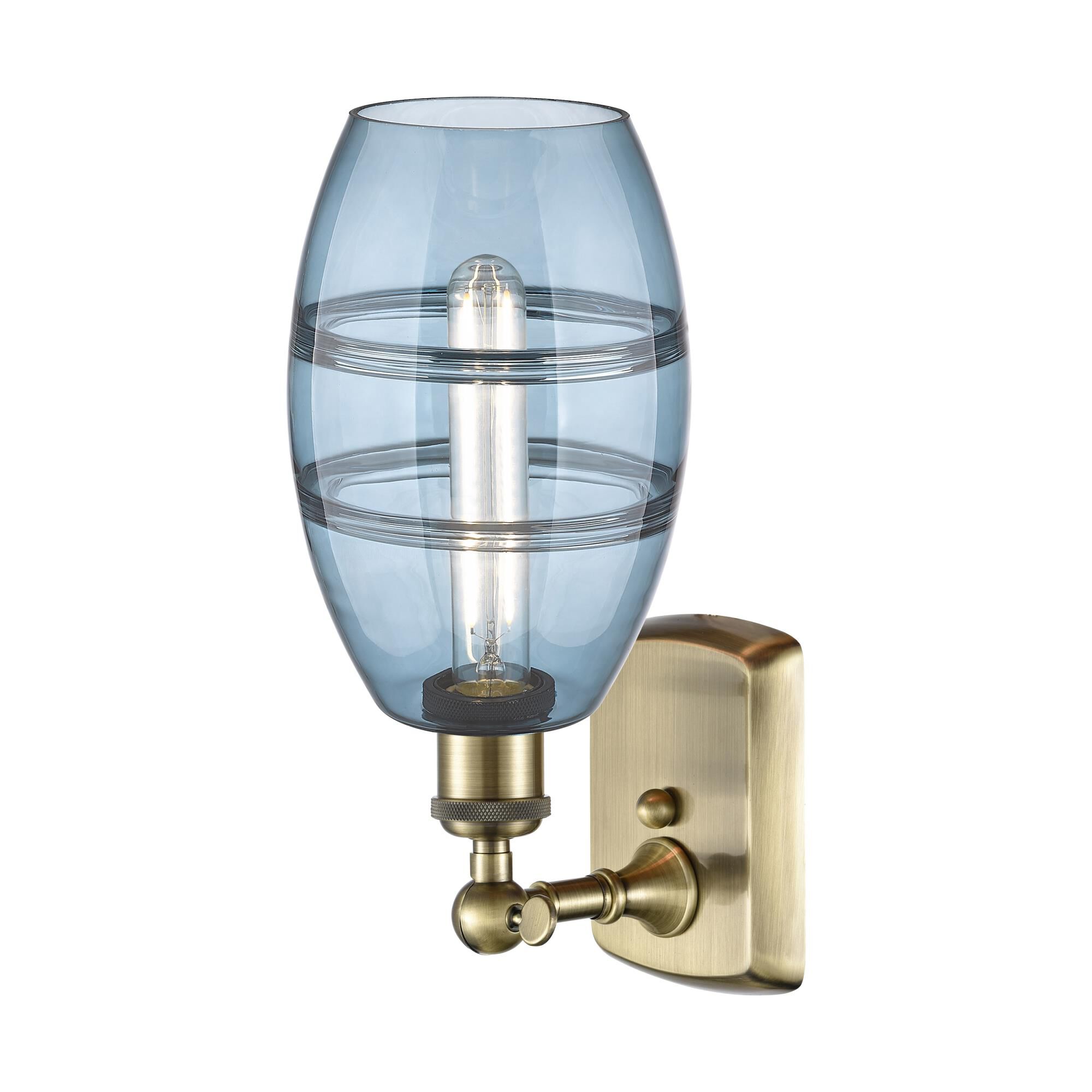 Shown in Antique Brass finish and Princess Blue glass