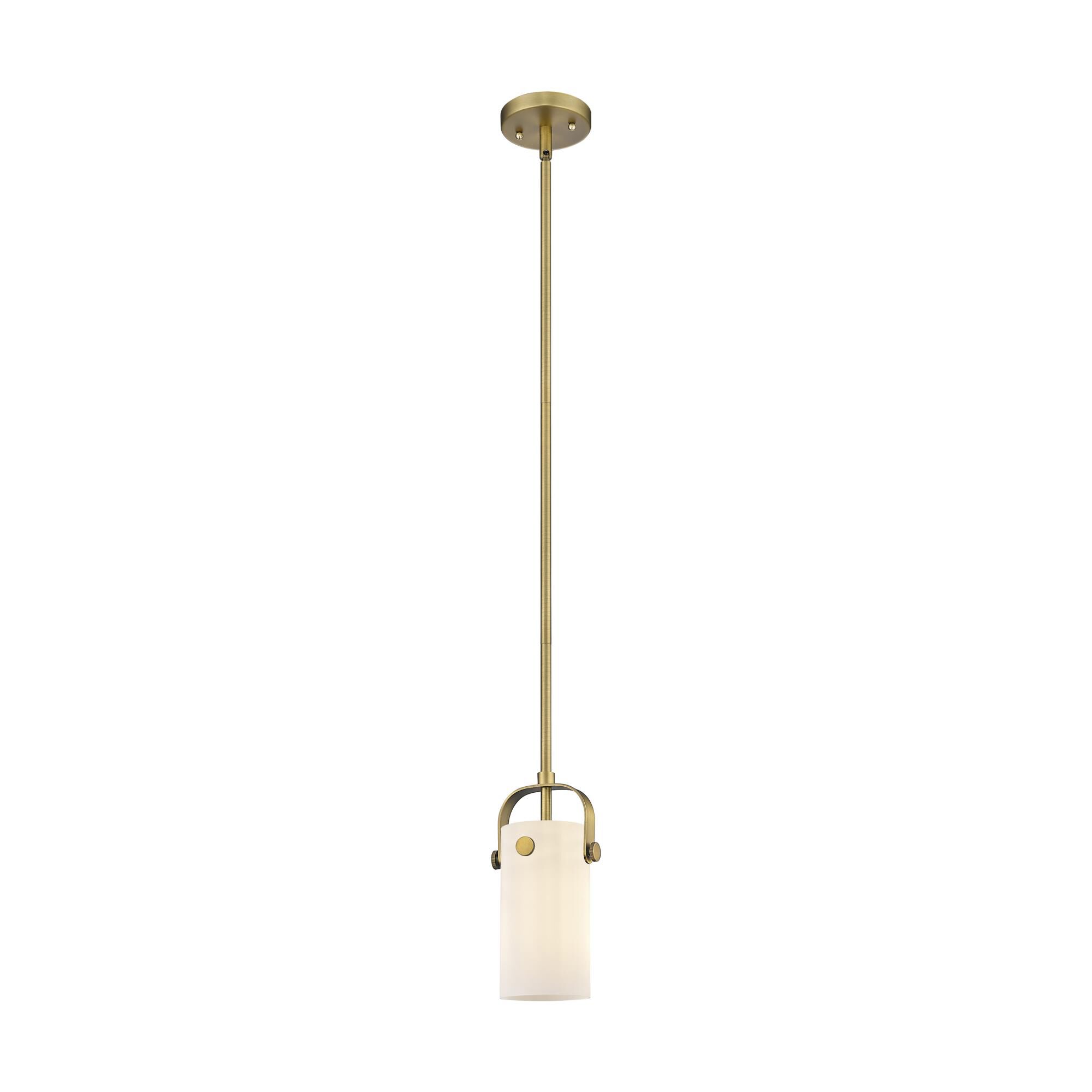 Shown in Brushed Brass finish and Matte White glass