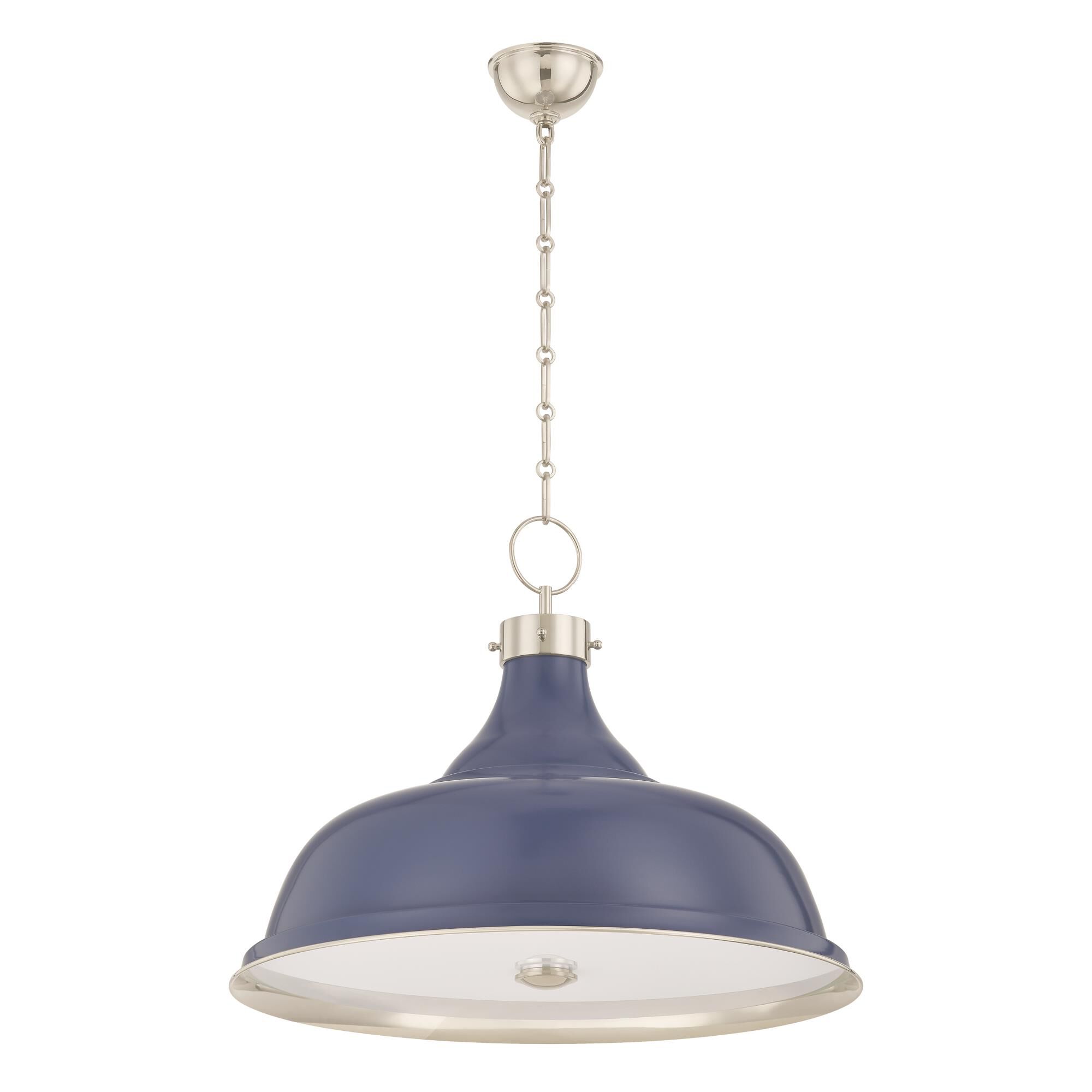 Shown in Polished Nickel and Soft French Blue finish and White glass