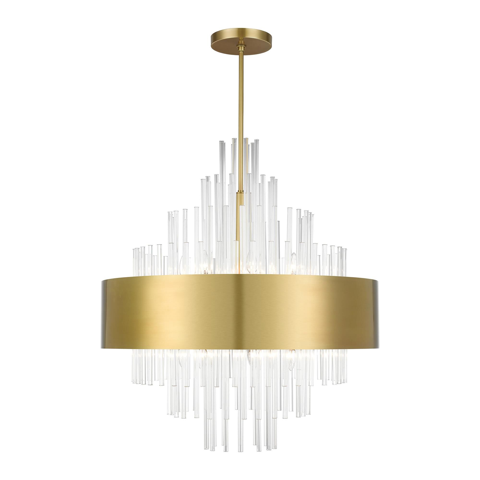 Shown in Natural Brass finish and Clear Crystal Rods glass