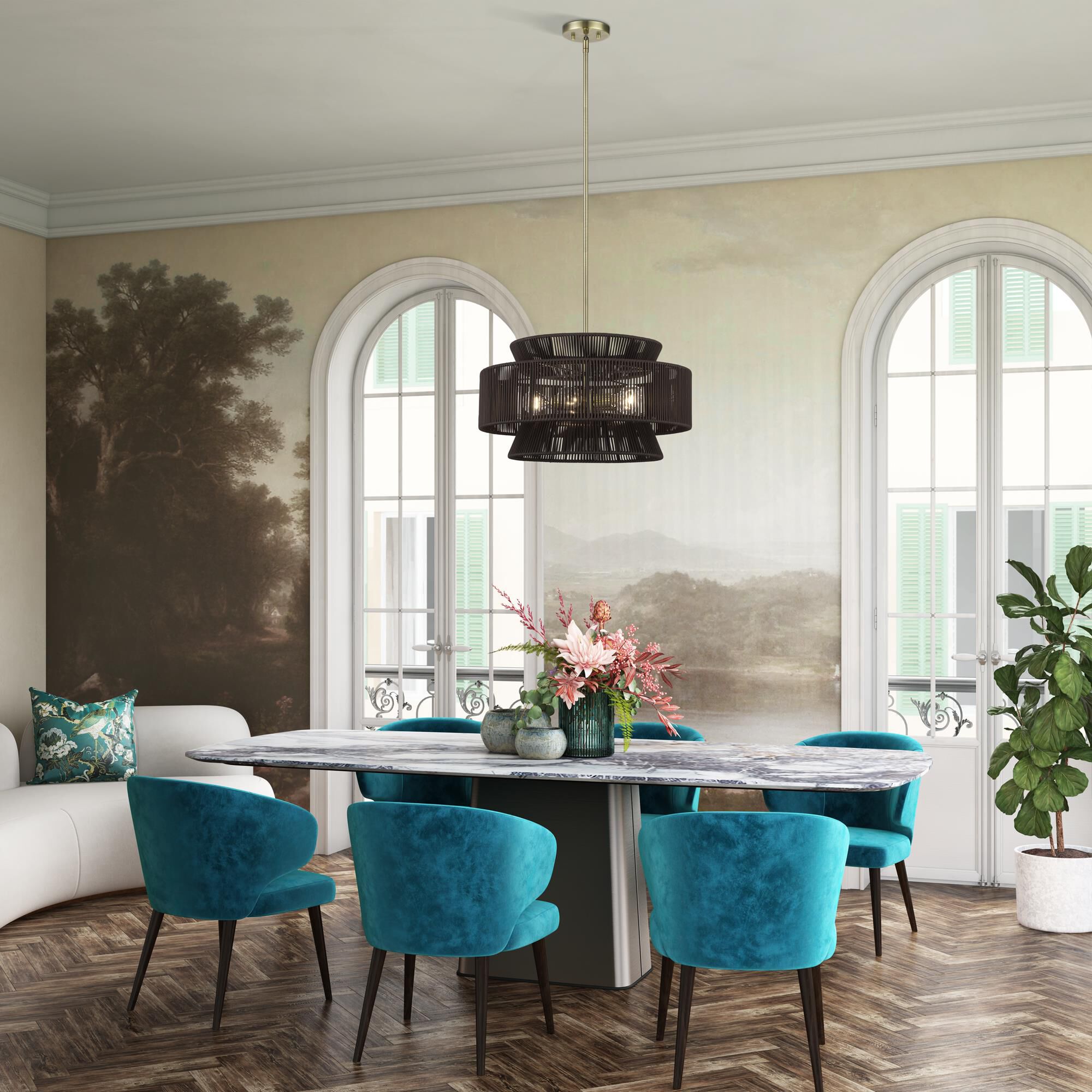 Shown in Antique Brass finish and Hand-Woven Dark Chocolate Color Polyester Rope shade