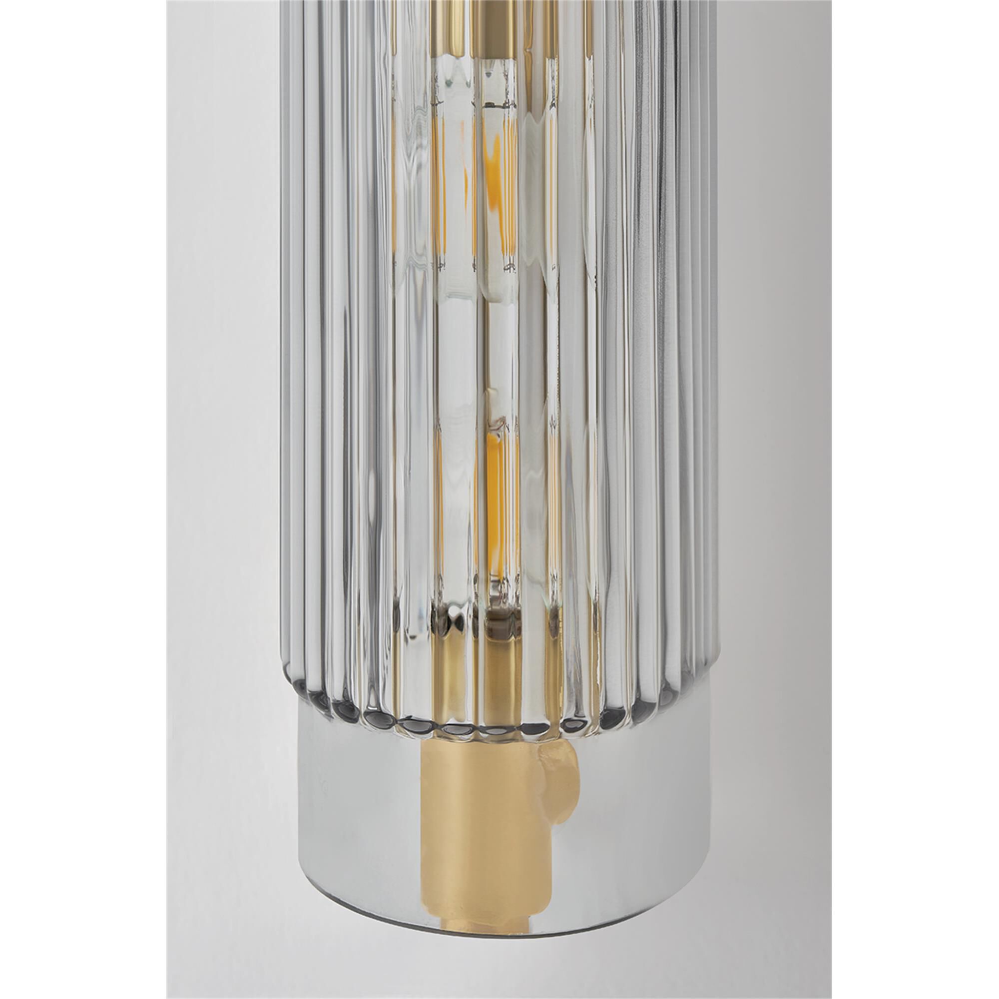 Shown in Vintage Brass finish and Clear Smoke glass
