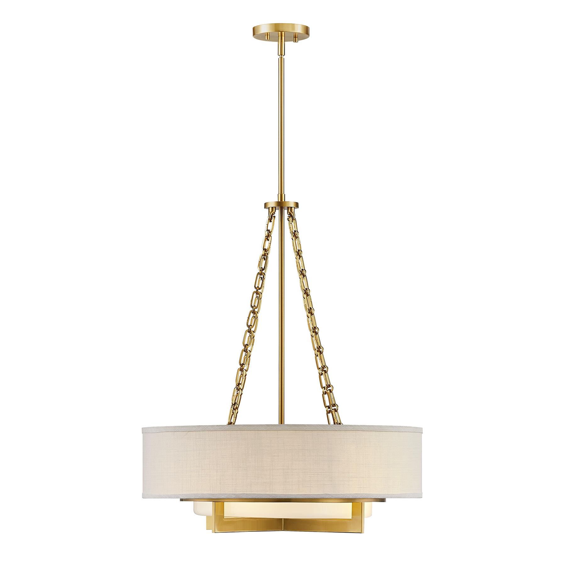 Shown in Warm Brass finish and White Linen shade