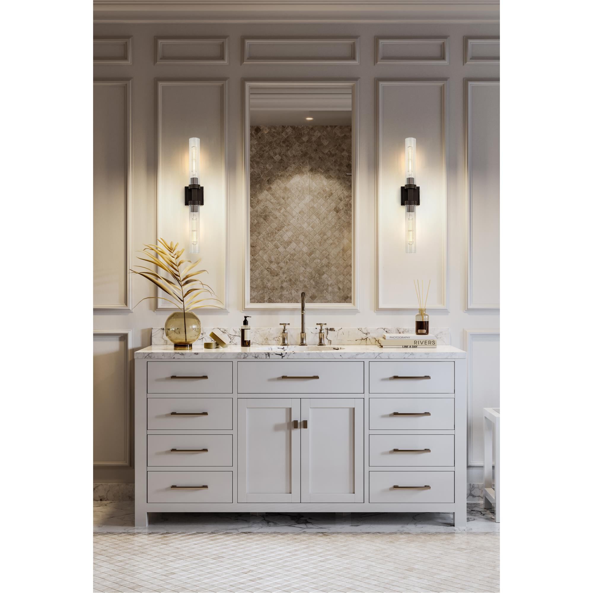 Shown in Bronze finish and Clear Ribbed glass and Clear Ribbed shade