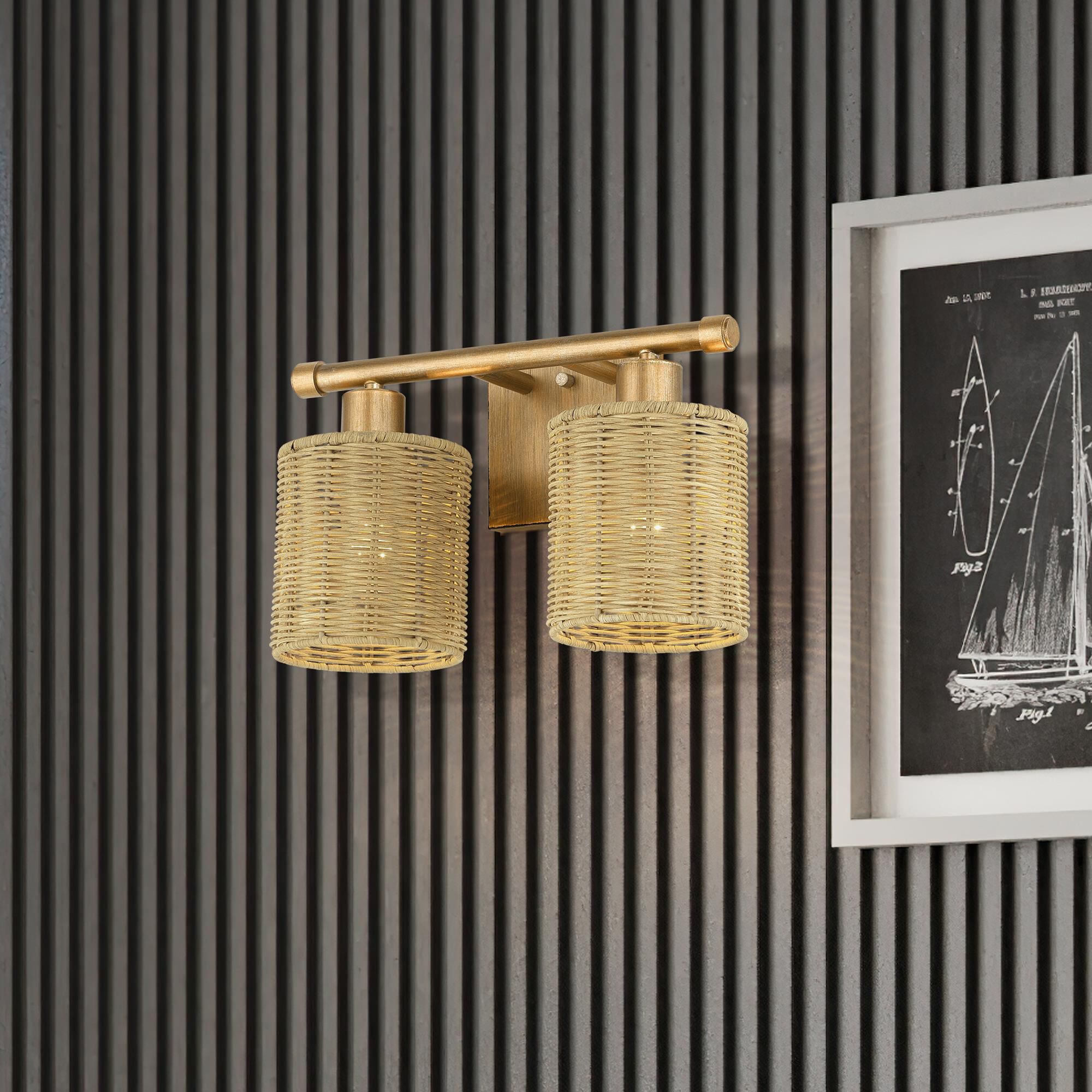 Shown in Antique Gold Leaf finish and Hand-Woven Rustic Walnut Color Rattan shade