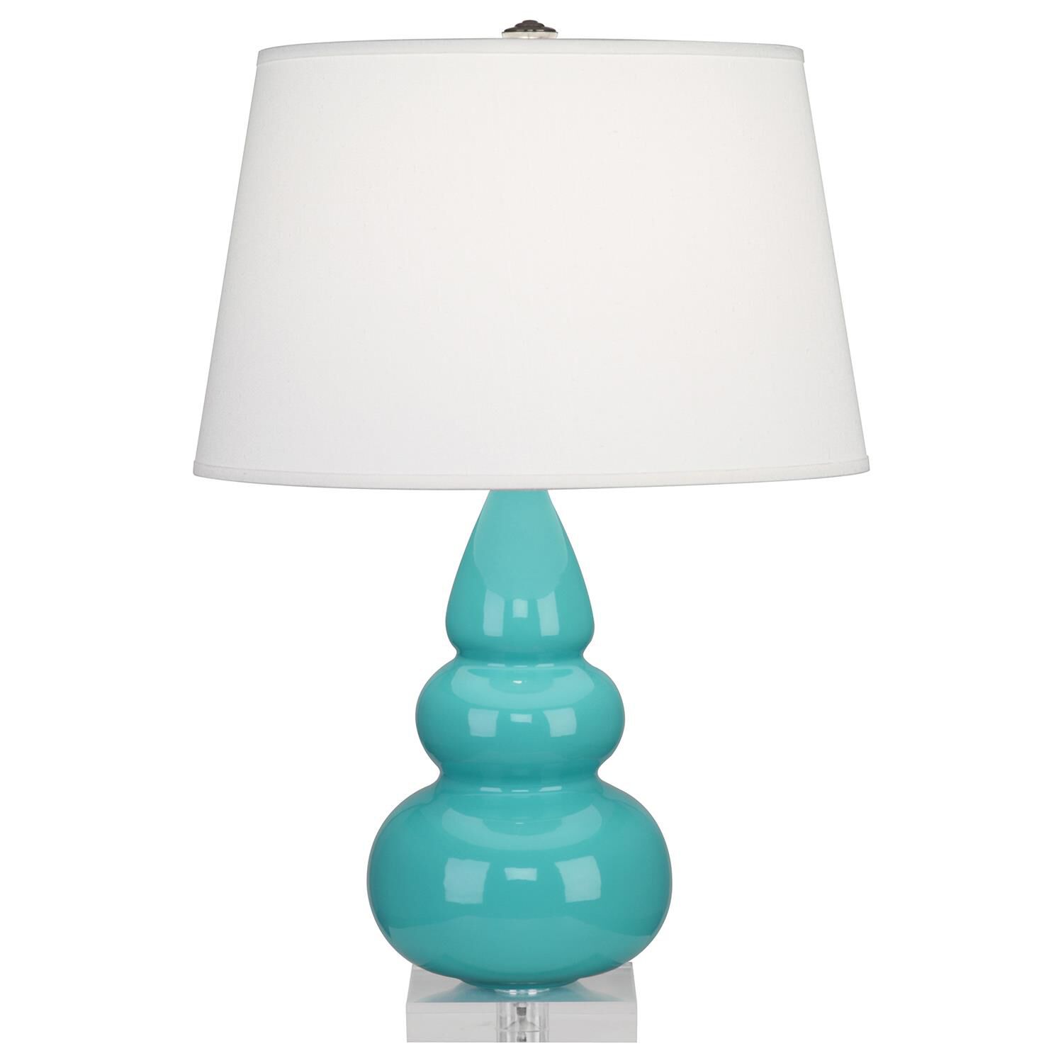 Shown in Egg Blue Glazed Ceramic With Lucite Base finish and Pearl Dupioni Fabric shade