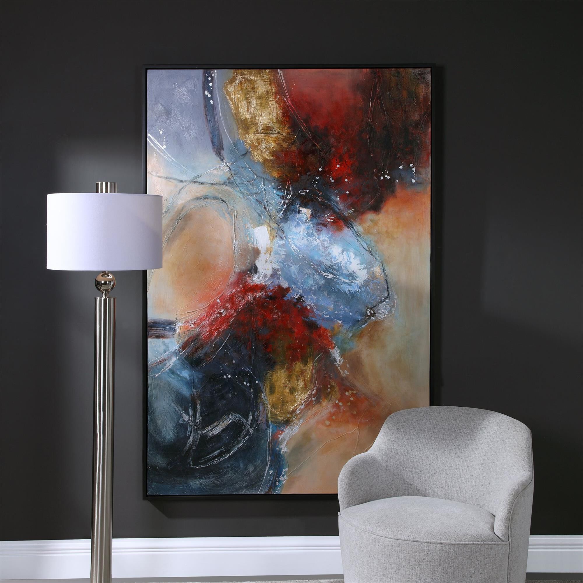 Shown in Hand Painted Abstract, Matte Black Gallery Frame, Orange, Red, Blue, Silver Leaf finish