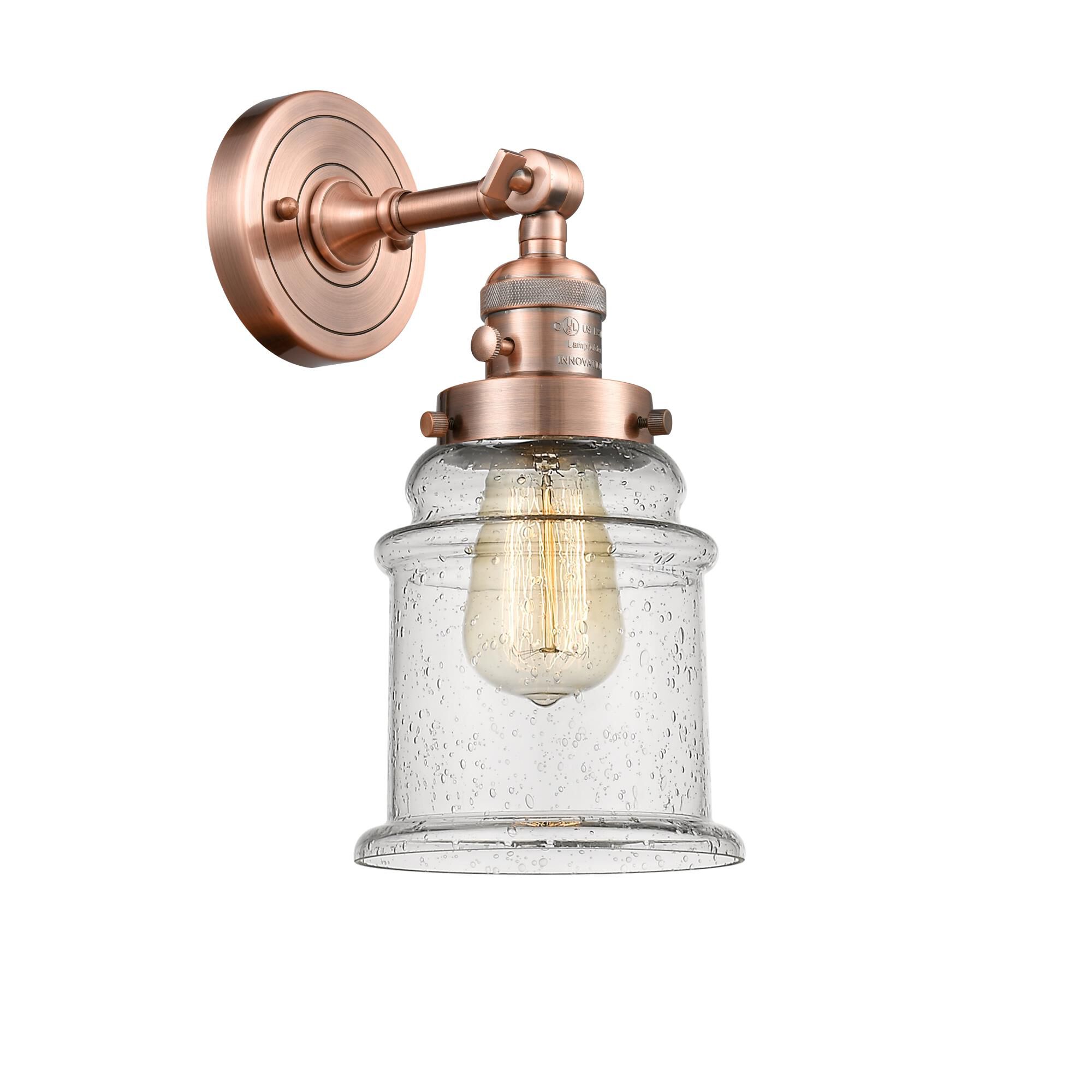 Shown in Antique Copper finish and Seedy glass and Switch on Socket accent