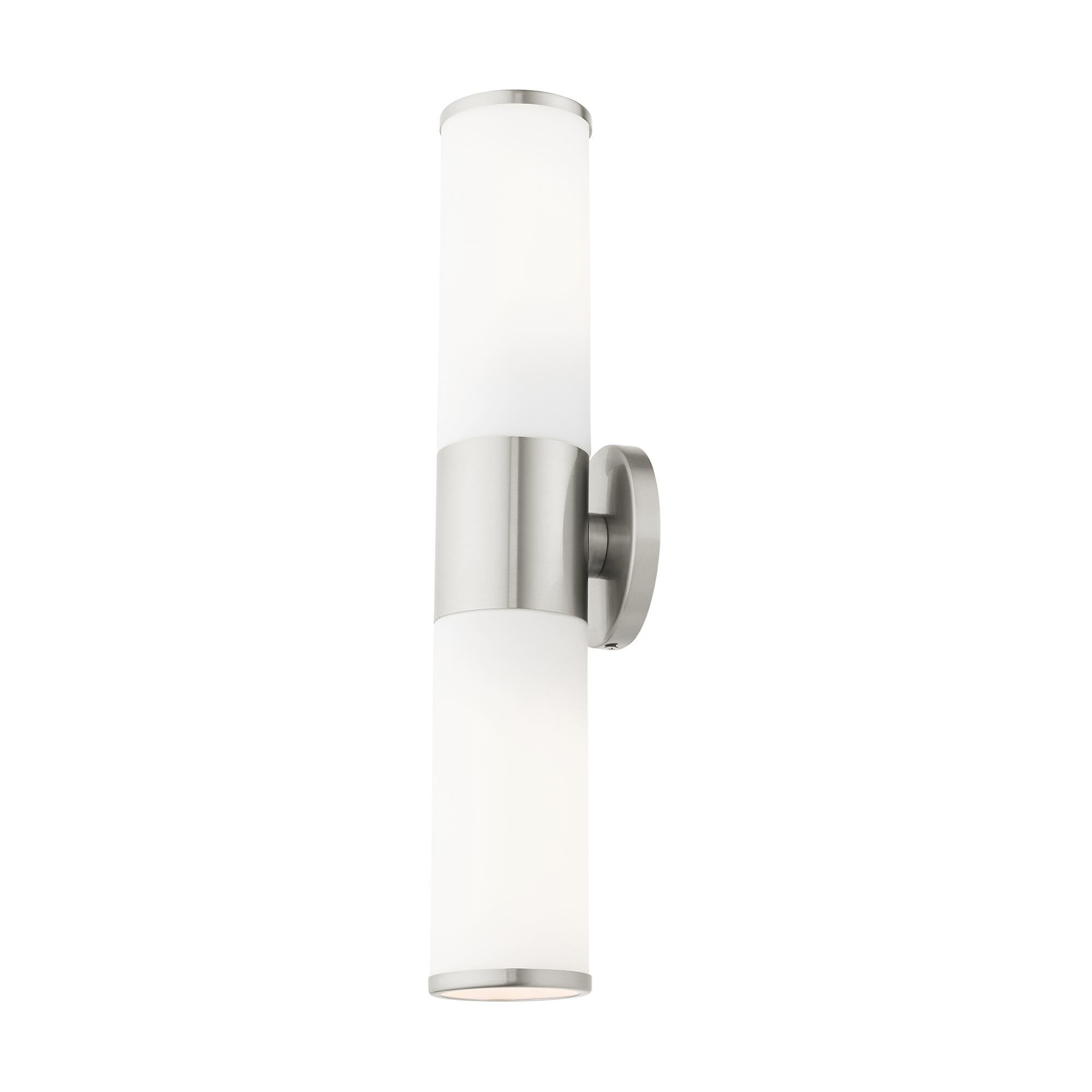 Shown in Brushed Nickel finish and Satin Opal White glass