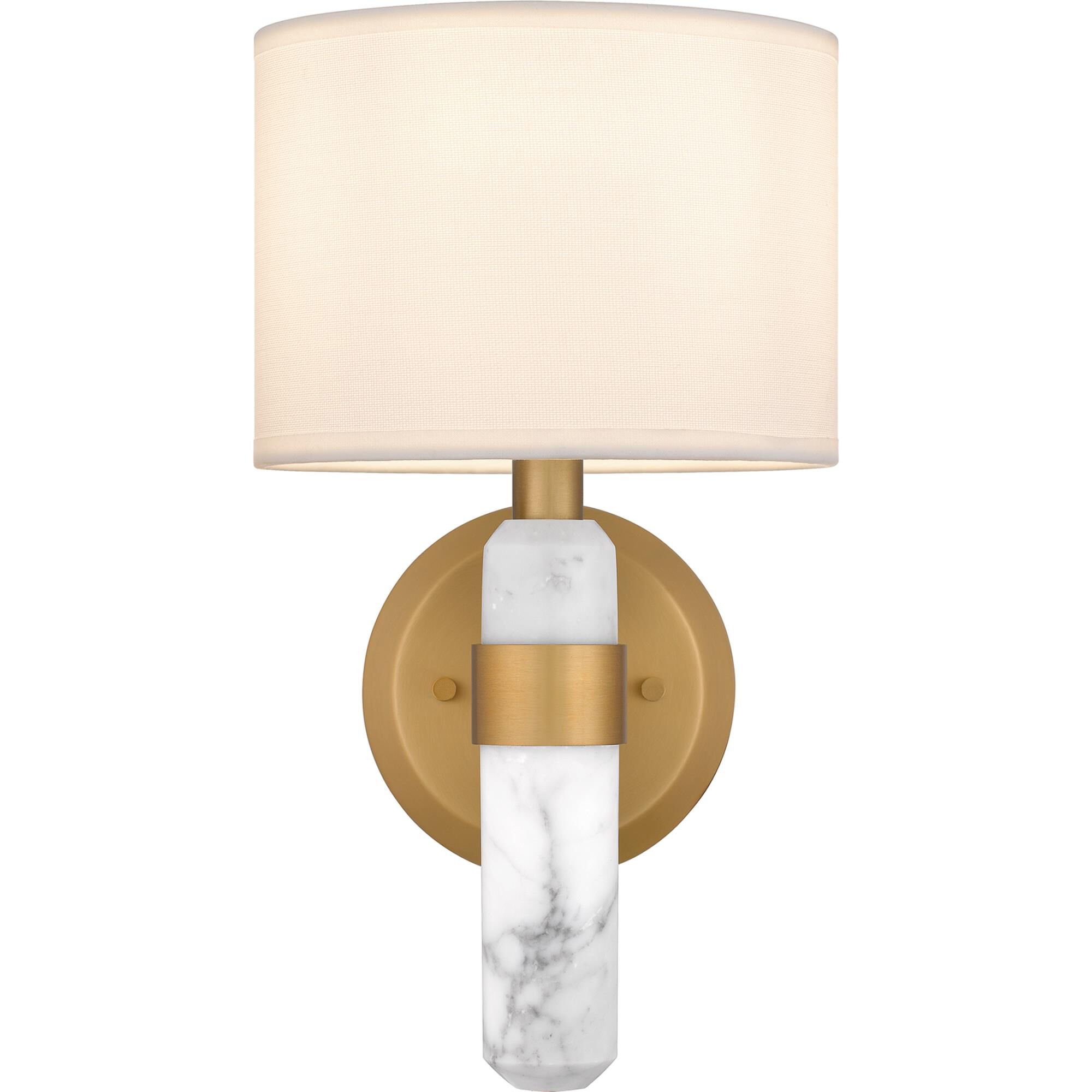 Shown in Brushed Weathered Brass finish and Egg Shell Fabric shade