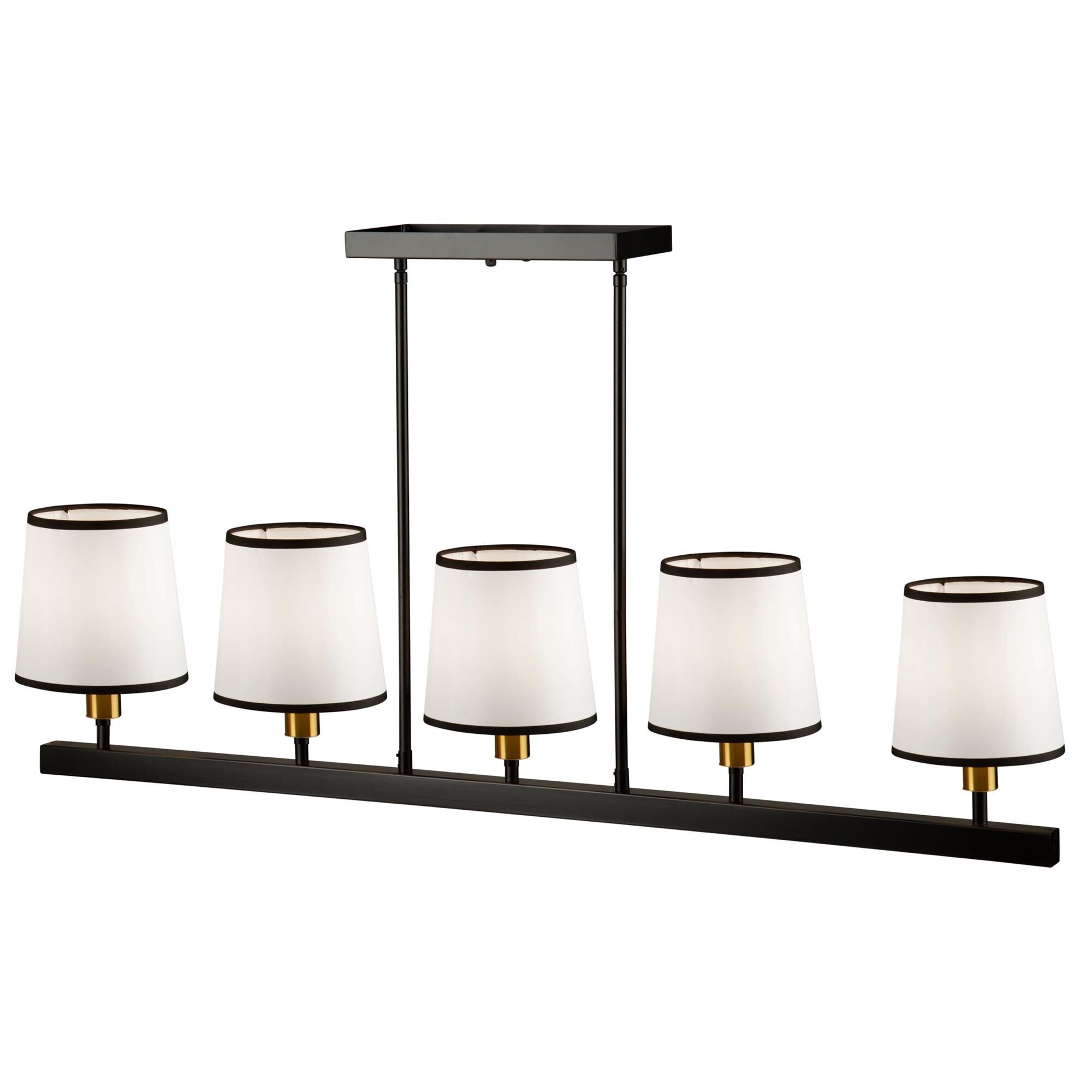 Shown in Gold and Black finish and White Linen shade