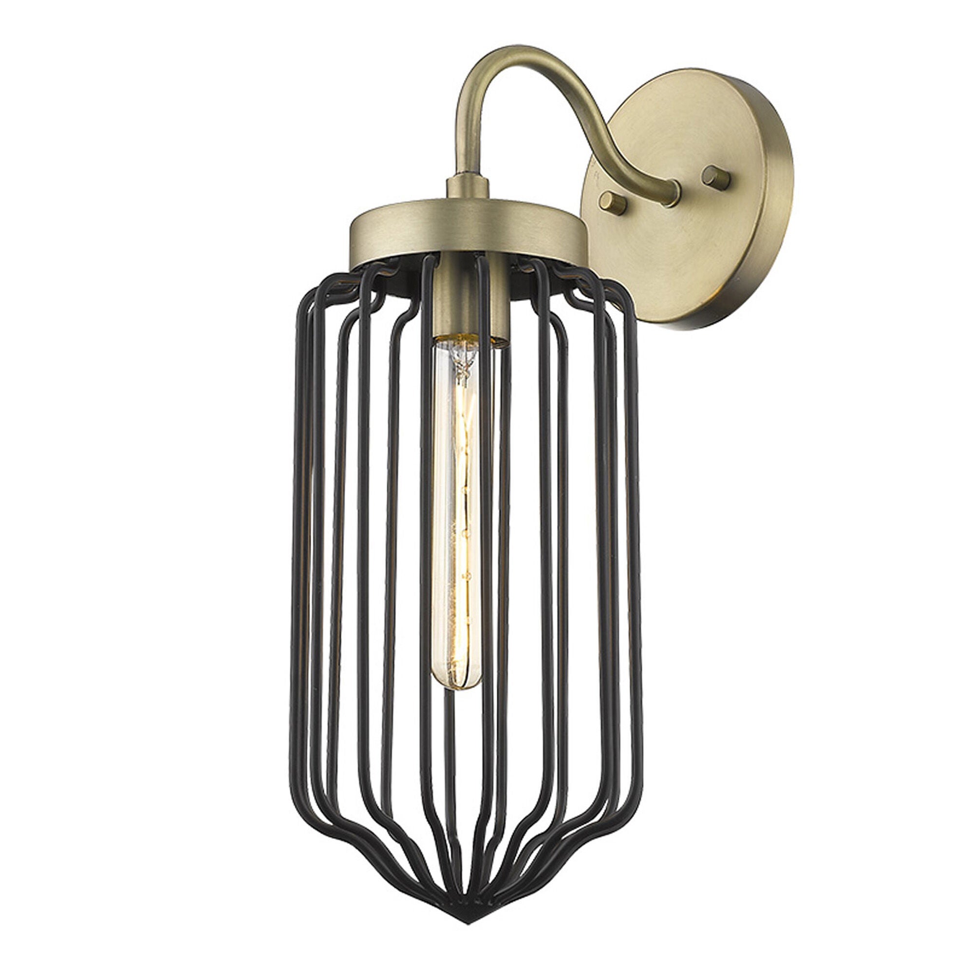 Shown in Aged Brass finish and Black glass and Black, Cylindrical Metal Cage s shade