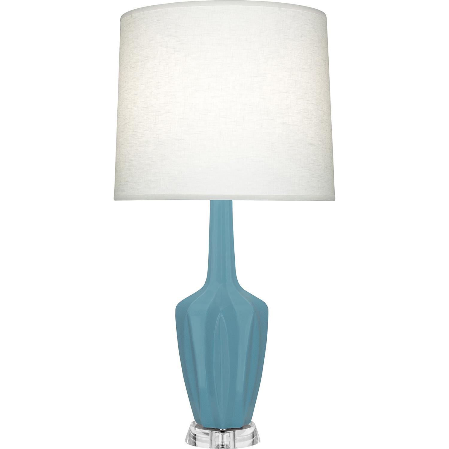Shown in Matte Steel Blue finish and Off White shade and Polished Nickel with Lucite accent