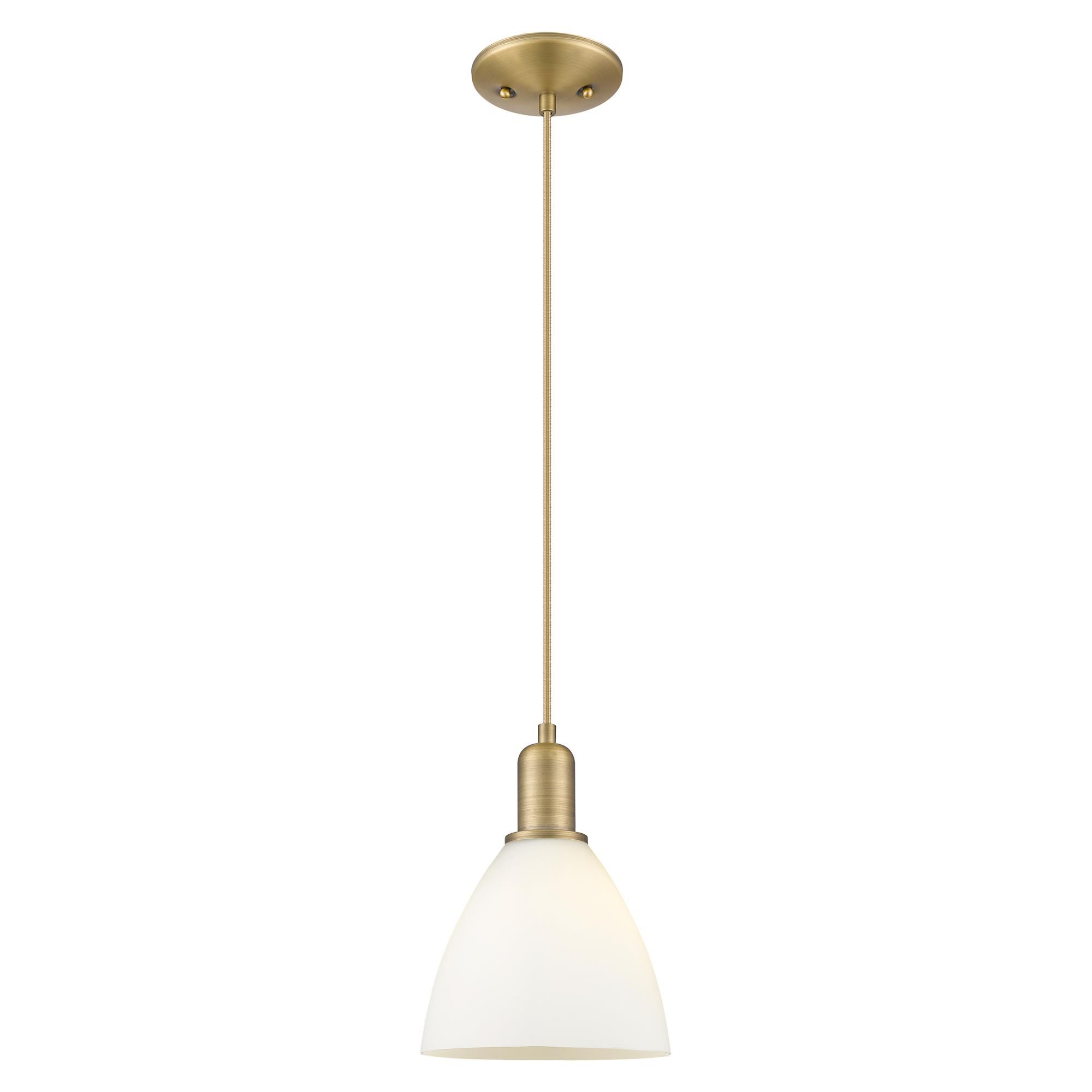 Shown in Brushed Brass finish and Matte White glass