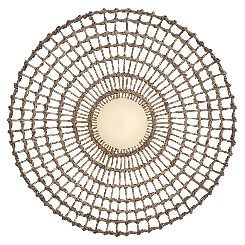 Shown in Black finish and Etched Opal glass and All Weather Rattan shade