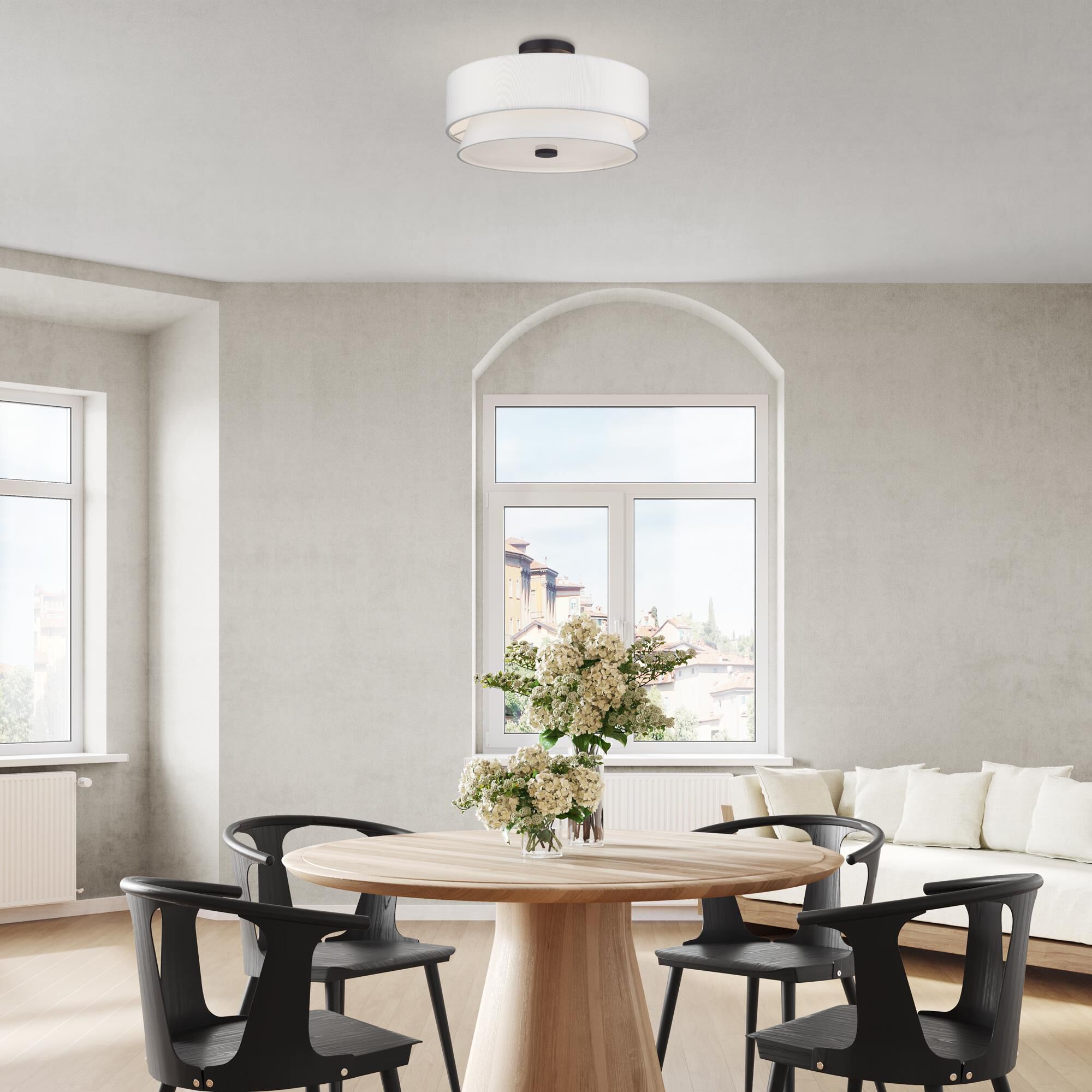 Shown in Bronze finish and Hand Crafted Off-White Fabric Hardbacks with White Fabric Inside shade