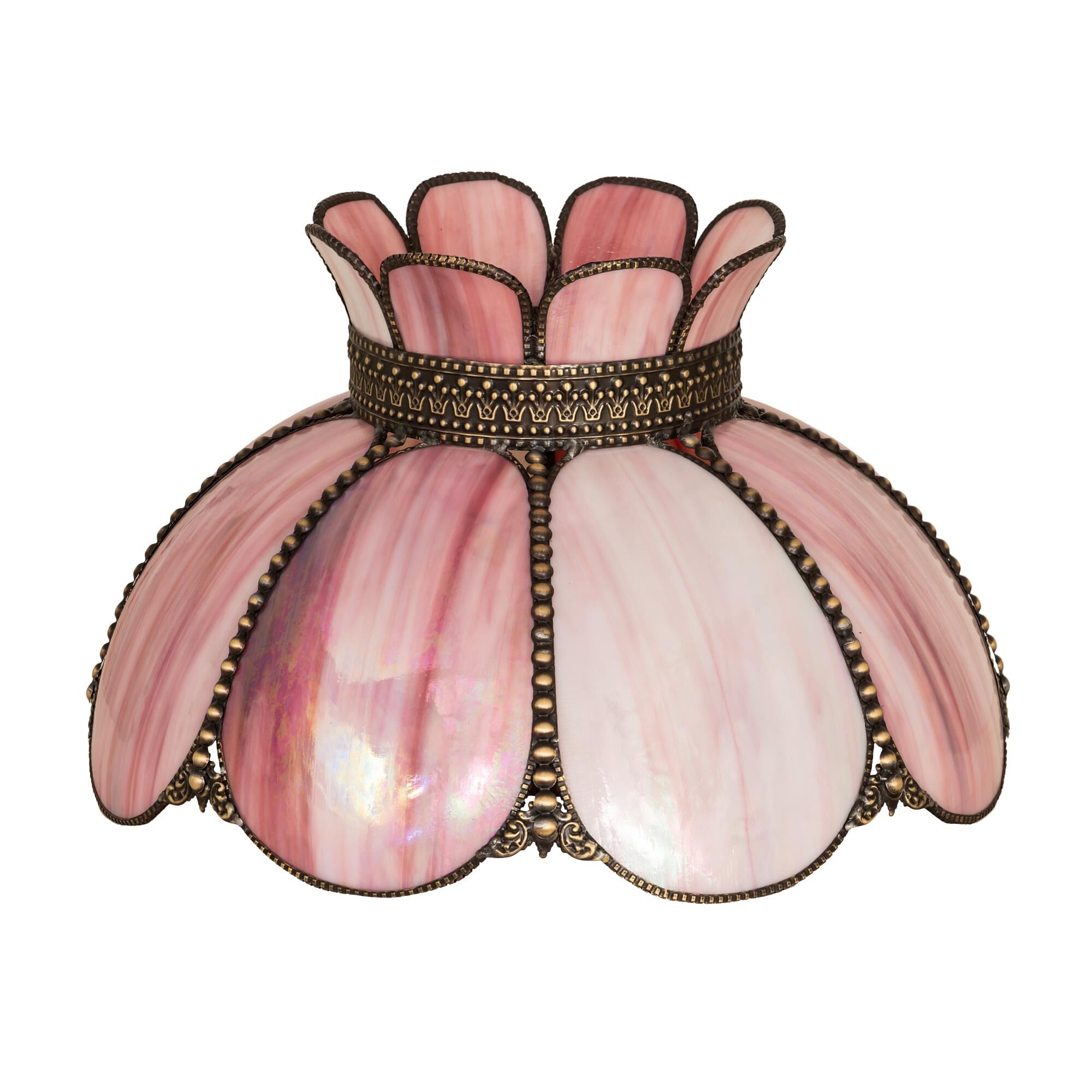 Shown in Antique Finish finish and Pink;Mauve;Iridescent glass