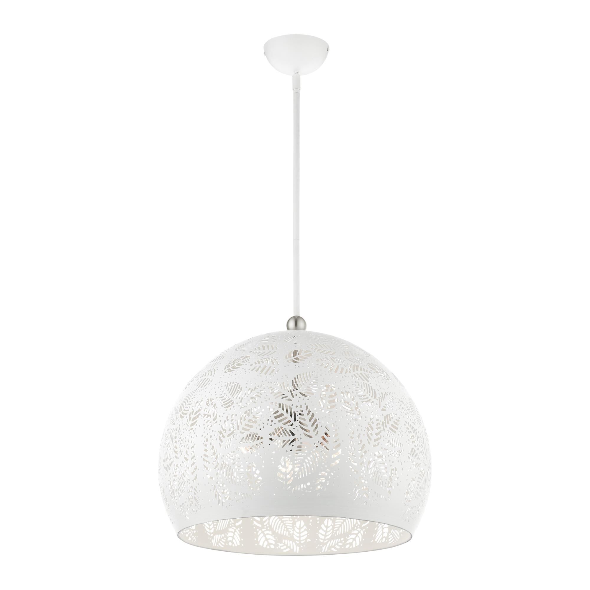 Shown in White With Brushed Nickel Accents finish and White Ornamental Metal Shade With White Finish Inside glass and White Ornamental Metal  With White Finish Inside shade