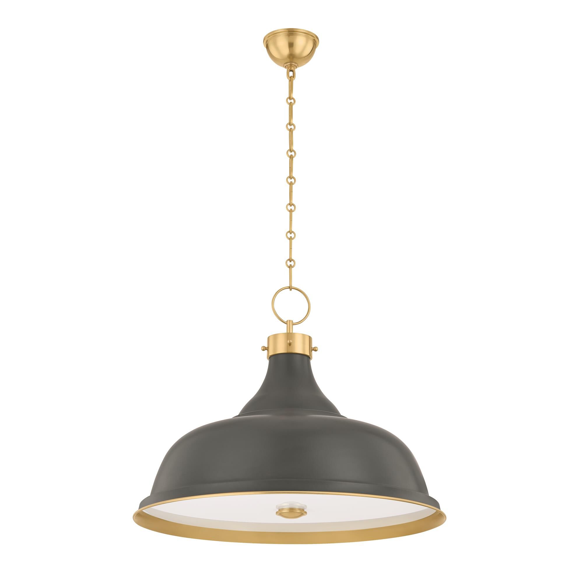 Shown in Aged Brass and Soft Studio Green finish and White glass