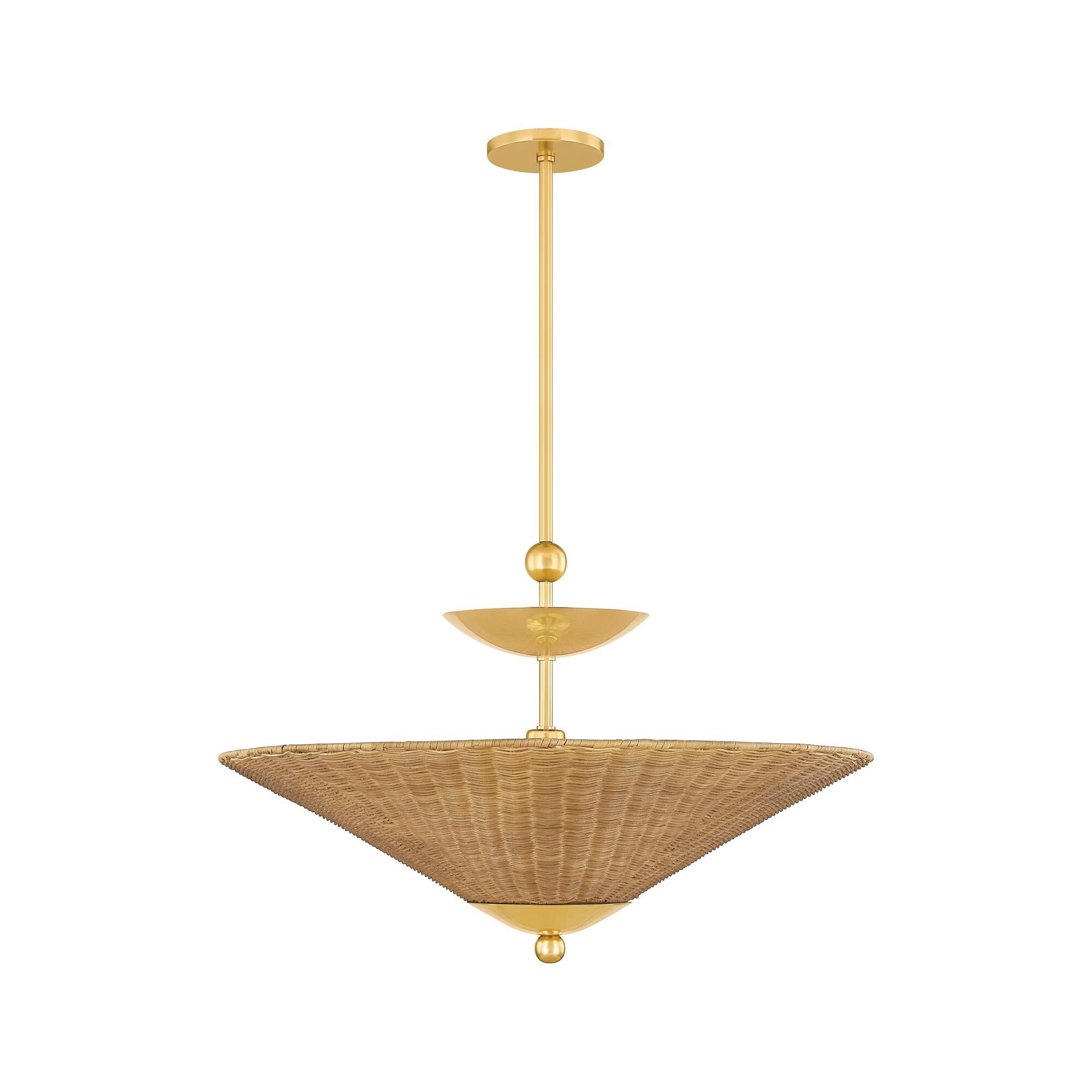 Shown in Aged Brass finish and Natural Woven shade