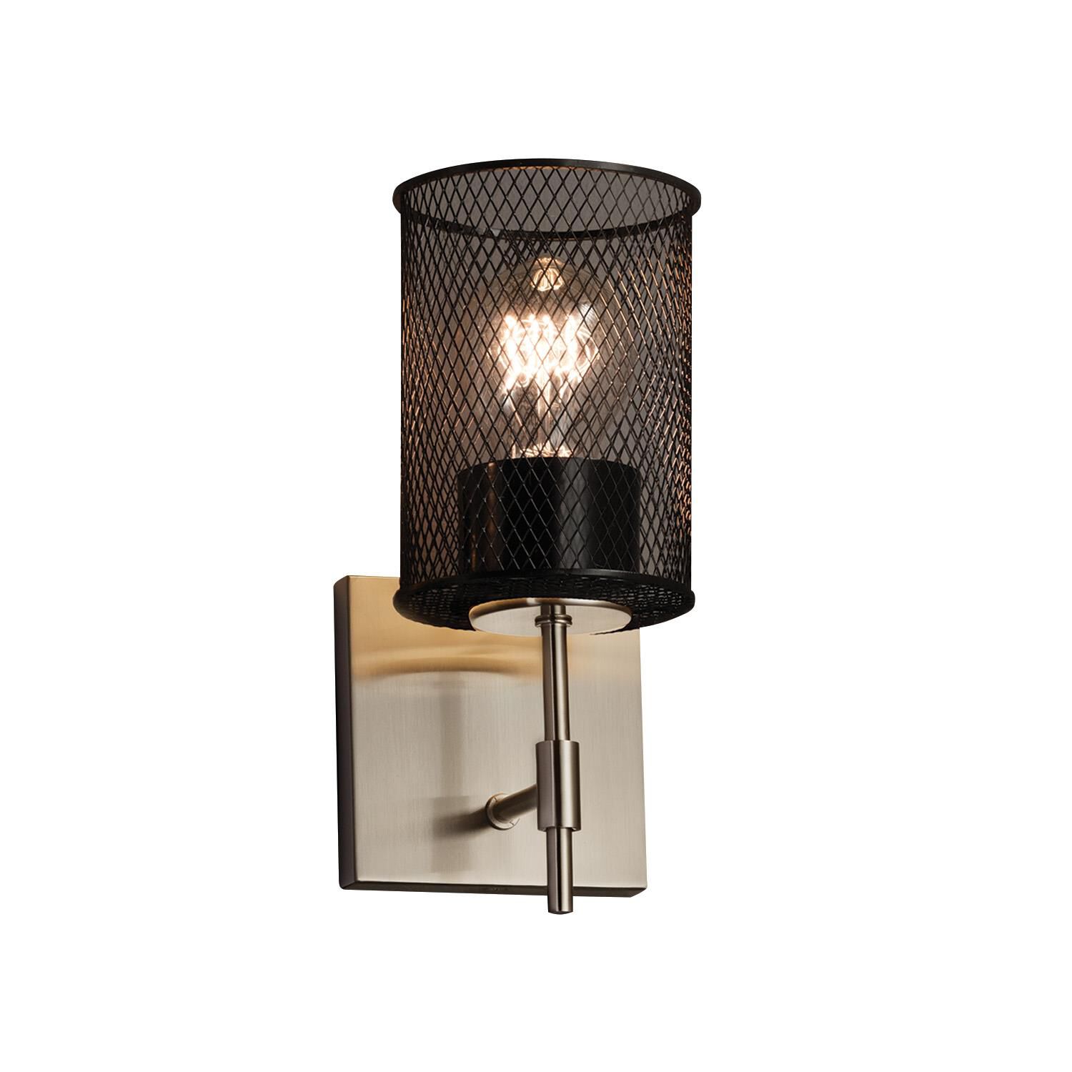 Shown in Brushed Nickel finish and Wire Mesh shade and Cylinder with Flat Rim accent