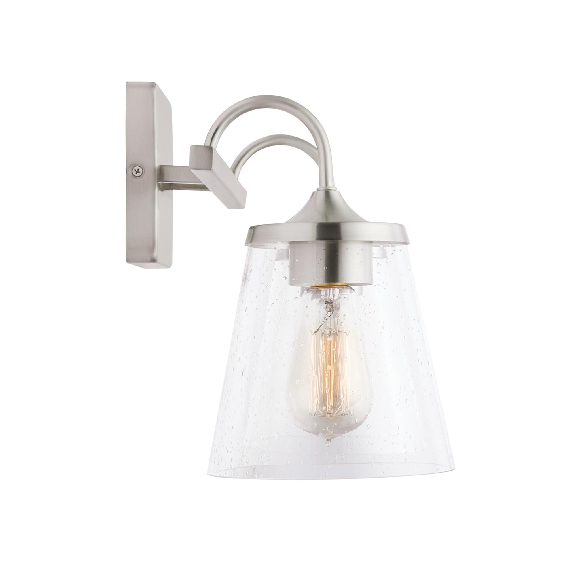 Shown in Brushed Nickel finish and Clear Seeded glass