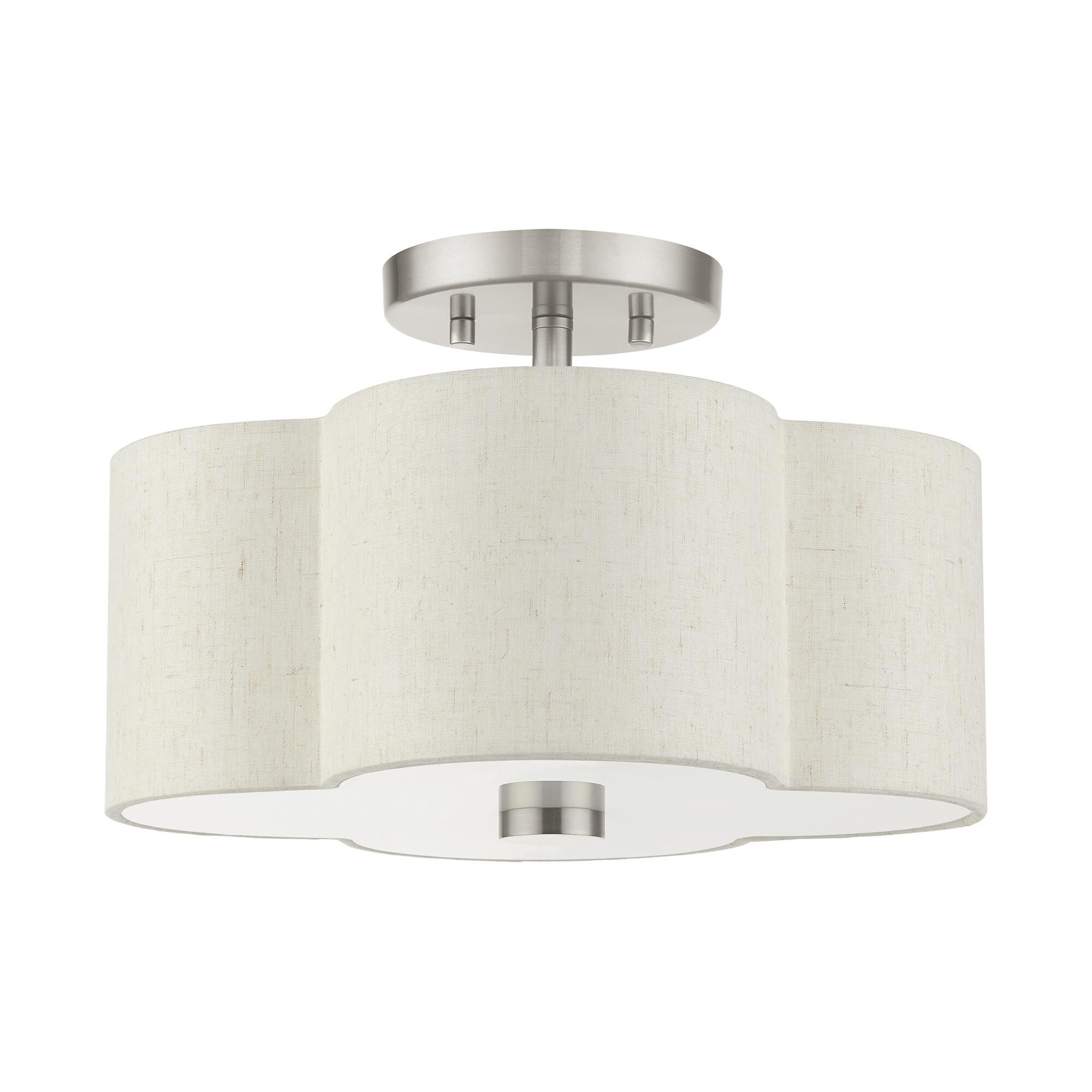 Shown in Brushed Nickel finish and Hand Crafted Hardback Scalloped  Completely Finished With Oatmeal Color Fabric Outside and Inside shade