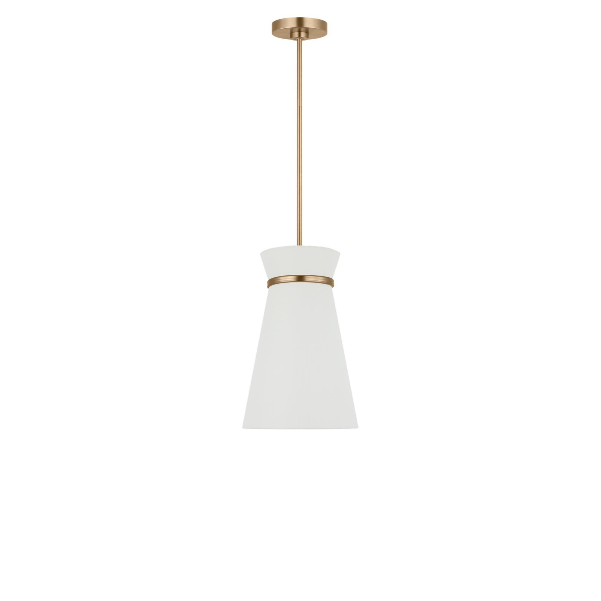 Shown in Satin Brass finish and White Linen shade