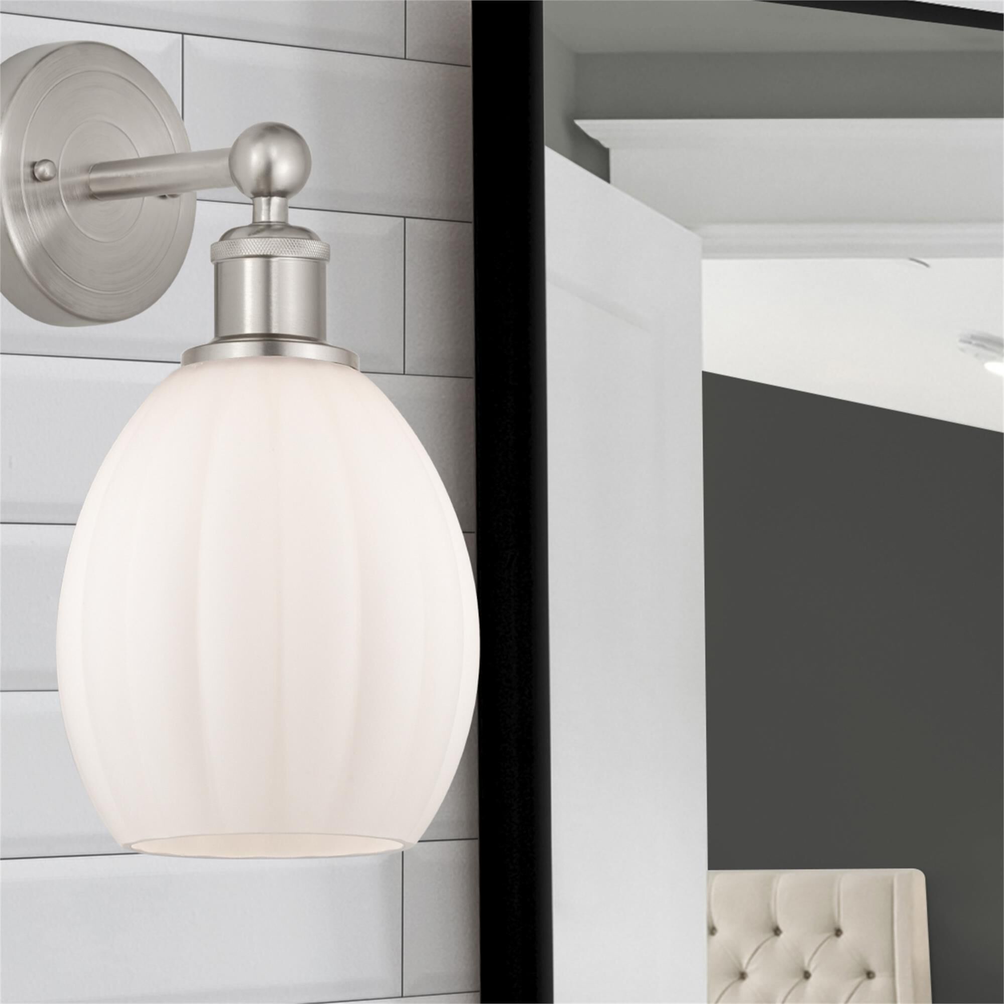 Shown in Brushed Satin Nickel  finish and Matte White glass