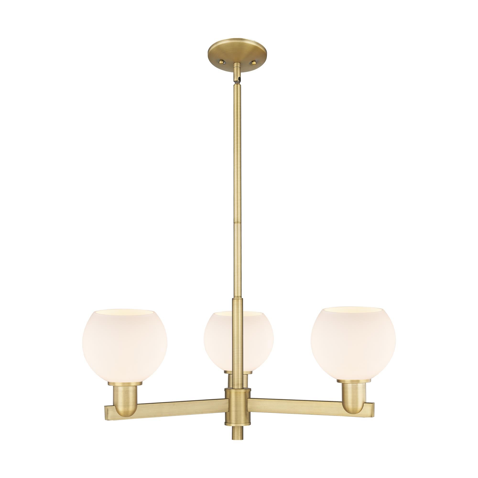 Shown in Brushed Brass finish and Matte White glass