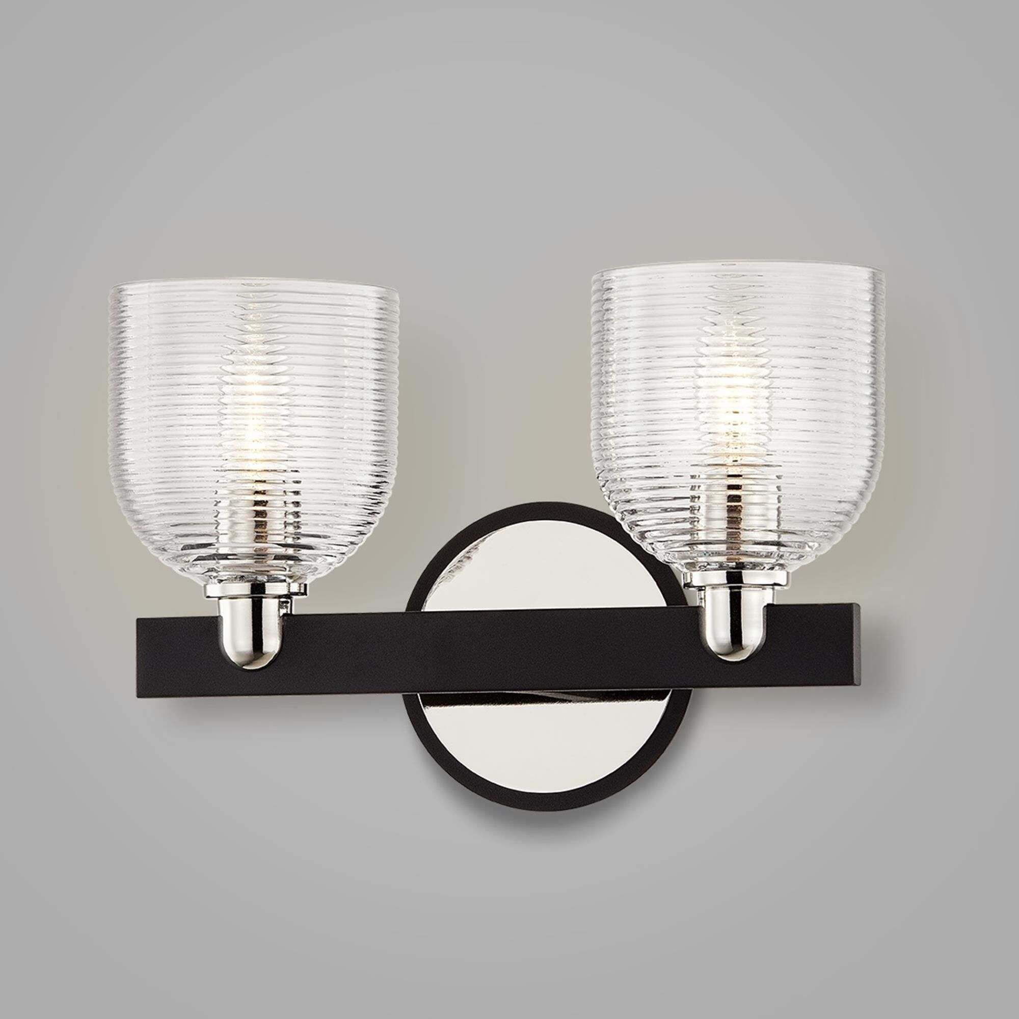 Shown in Carbide Black and Polished Nickel finish and Clear Ribbed glass and Glass shade