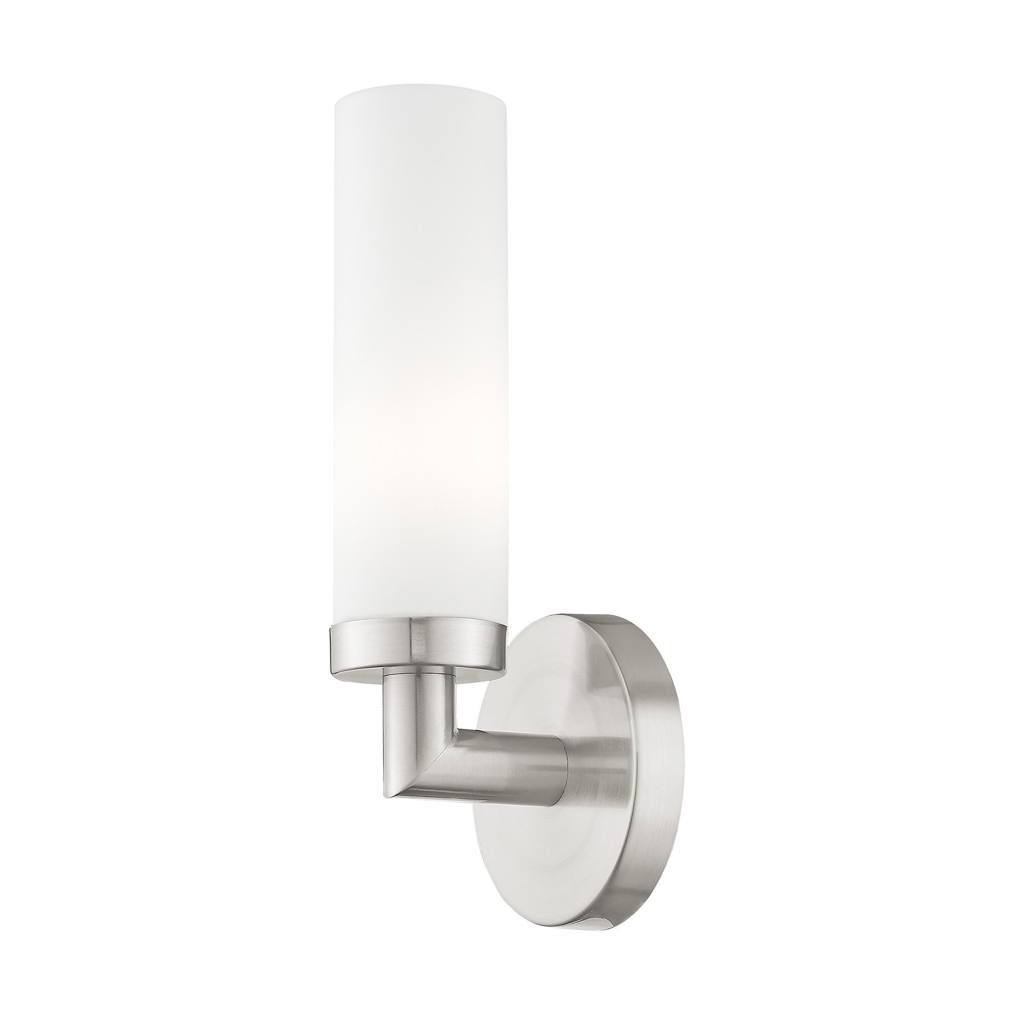 Shown in Brushed Nickel finish and Satin Opal White Hand Blown Twist Lock Cylinder glass