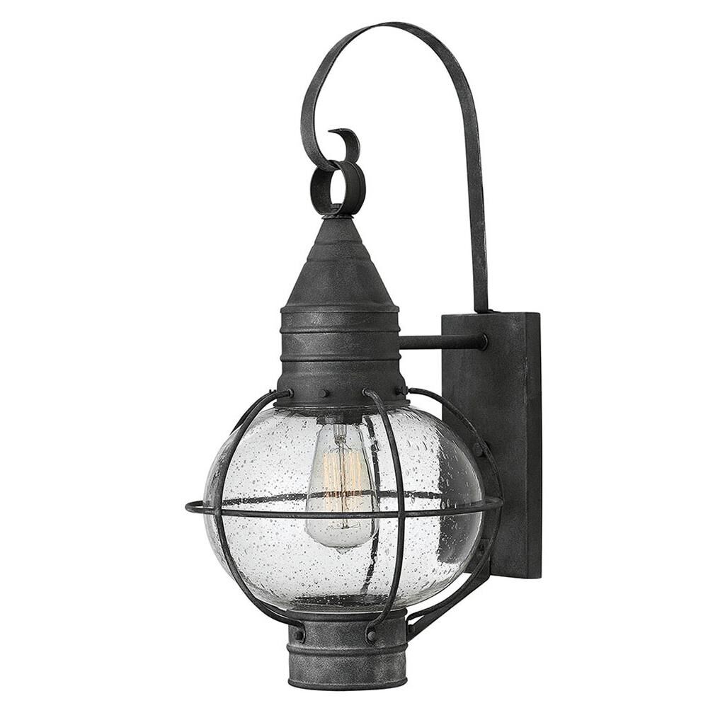 Shown in Aged Zinc finish and Clear Seedy glass