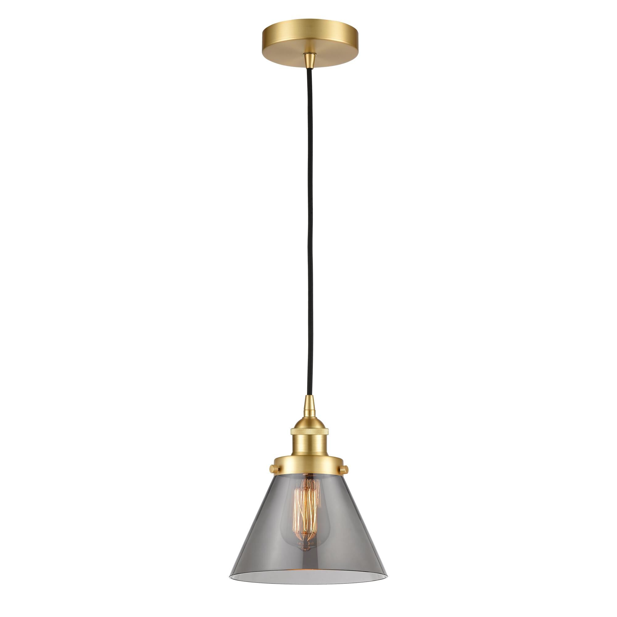 Shown in Satin Gold finish and Plated Smoke Large Cone glass