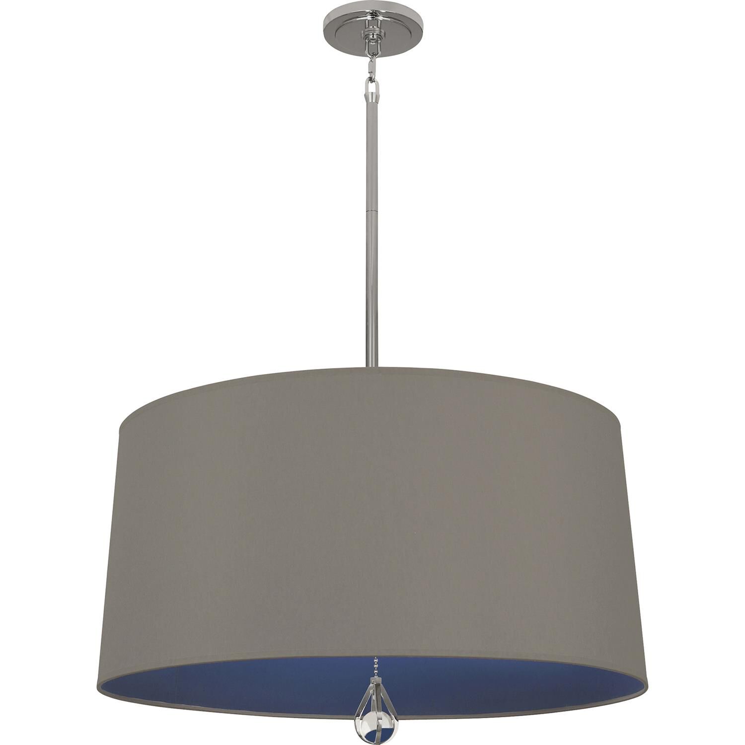 Shown in Polished Nickel finish and Carter Gray Fabric With Ink Blue Lining shade