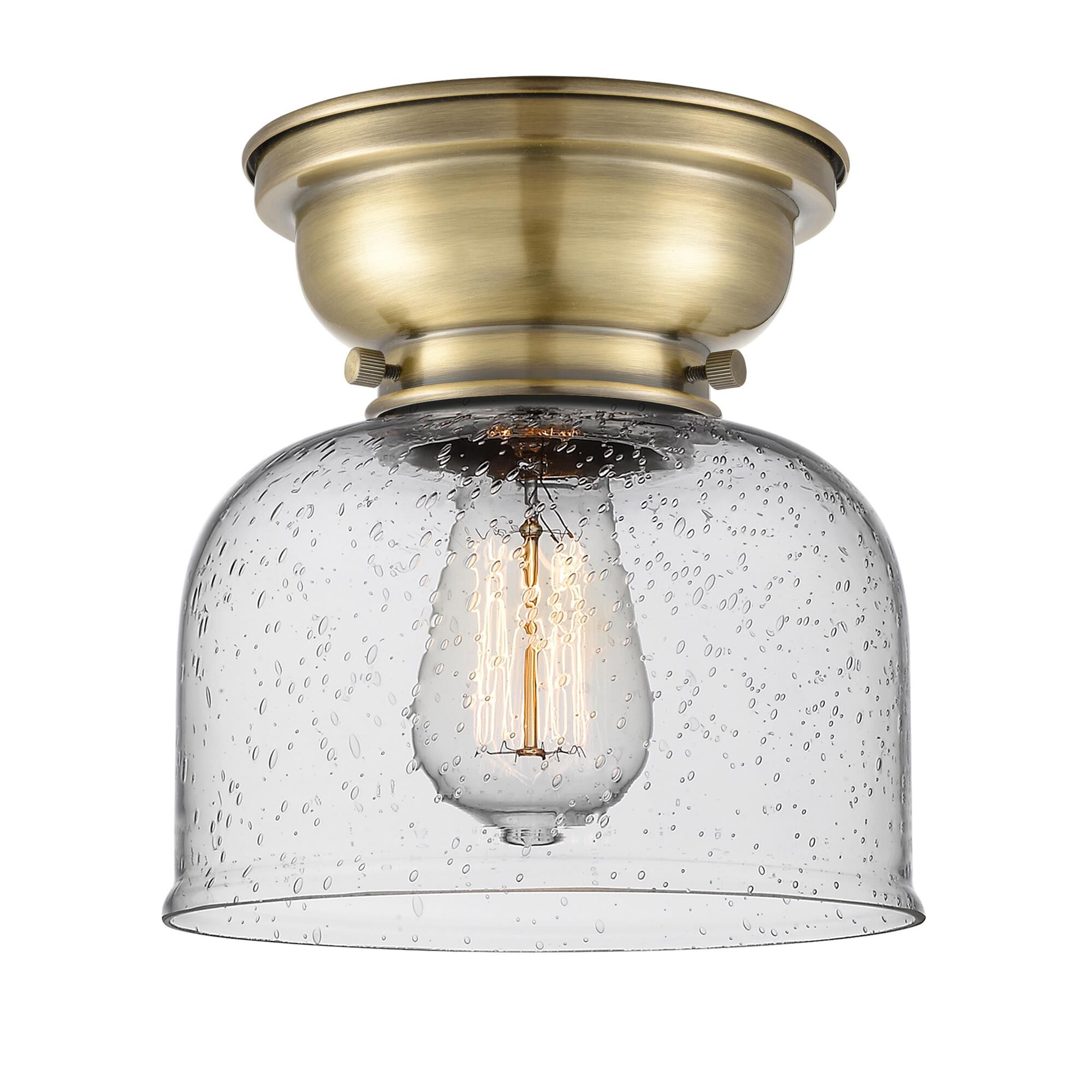 Shown in Antique Brass finish and Bell glass and Glass shade